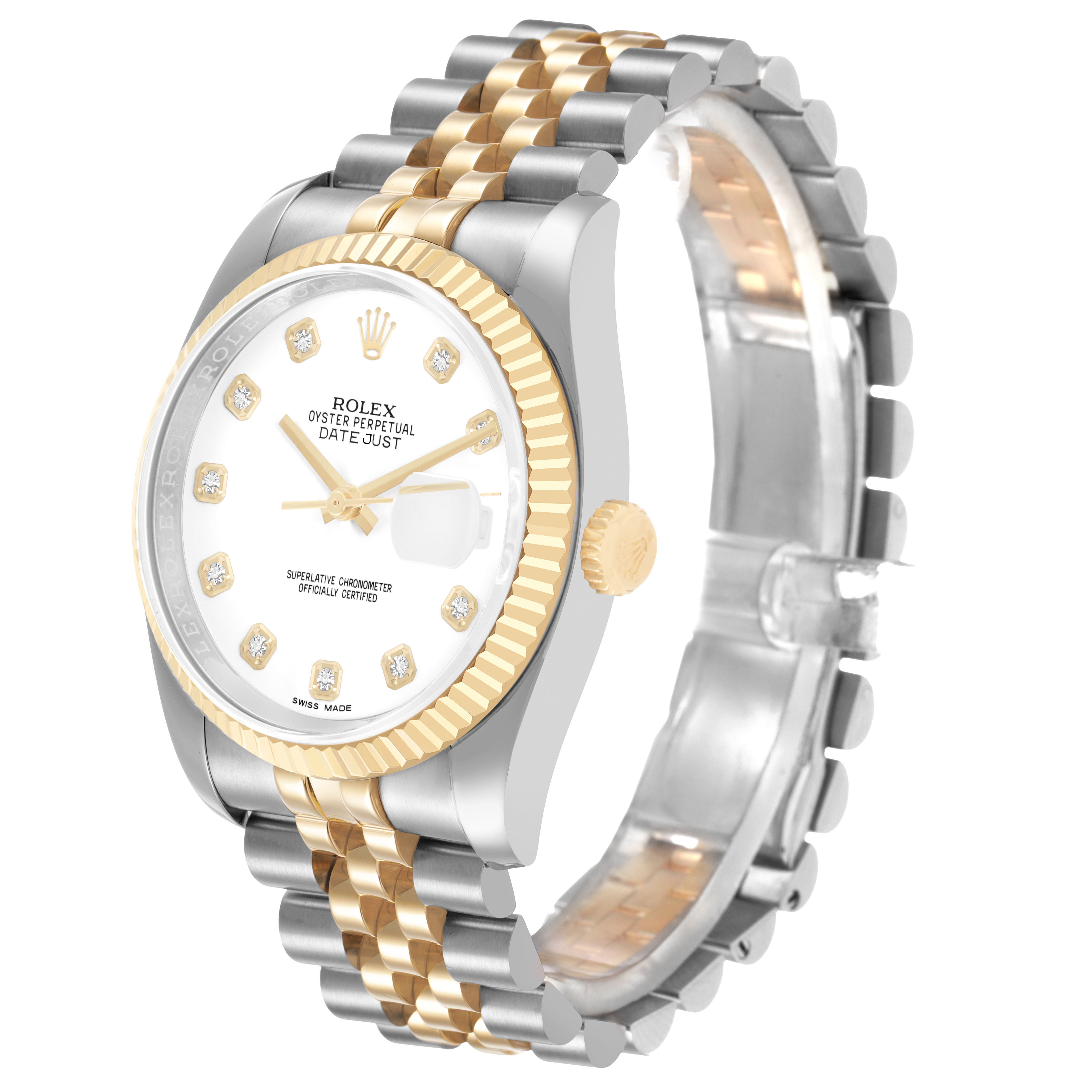 The Rolex Datejust 116233 Men's Steel and Gold (two tone) White Dial is shown at a three-quarter angle, highlighting the face, bezel, crown, and bracelet.