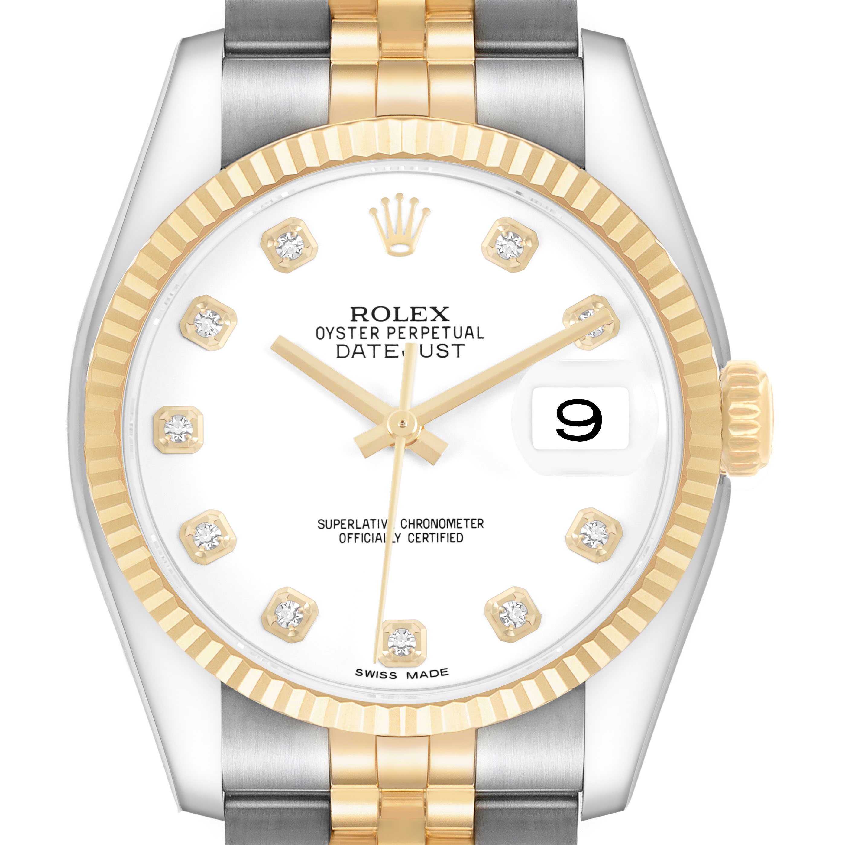 The Rolex Datejust 116233 Men's Steel and Gold (two tone) White Dial watch is shown from the front, highlighting the gold bezel, dial, hands, markers, and part of the bracelet.
