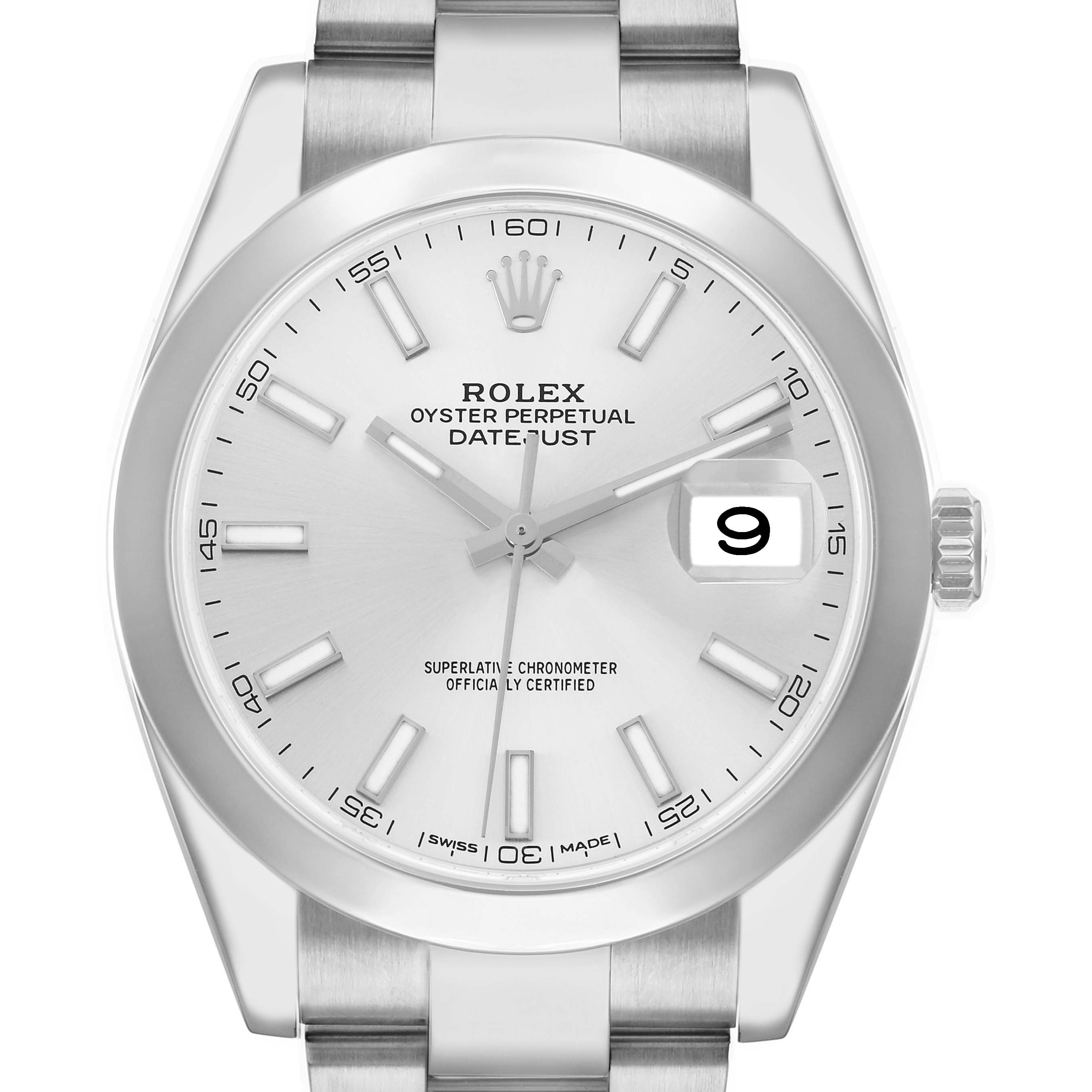 The Rolex Datejust 126300 Men
s Stainless Steel Silver Dial is shown from a front angle, displaying the face, bezel, and part of the bracelet.
