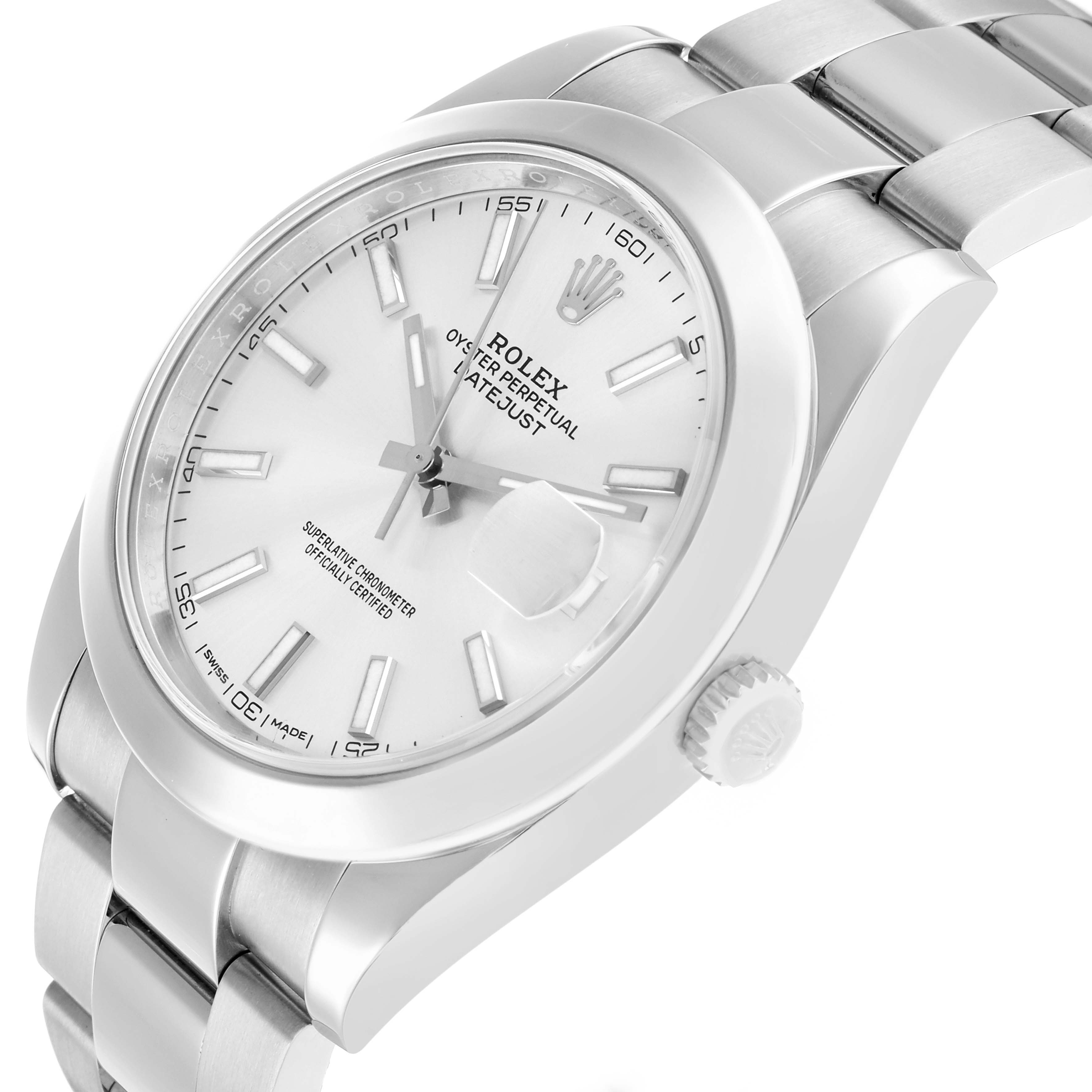 The Rolex Datejust 126300 Men
s Stainless Steel Silver Dial watch is shown at an angle highlighting the dial, bezel, crown, and part of the bracelet.