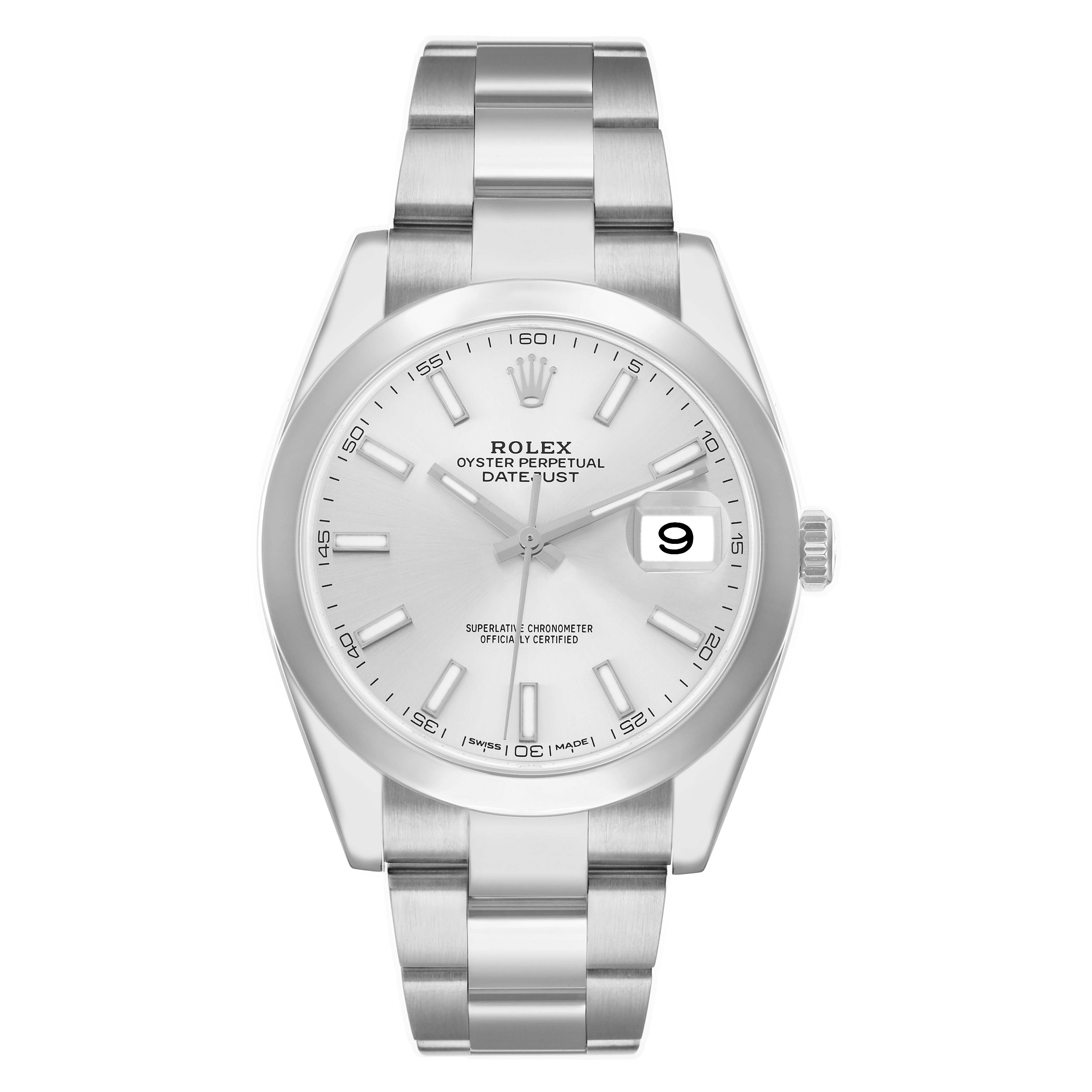 The Rolex Datejust 126300 Men
s Stainless Steel Silver Dial watch is shown from a front view, displaying its face, bezel, bracelet, and crown.