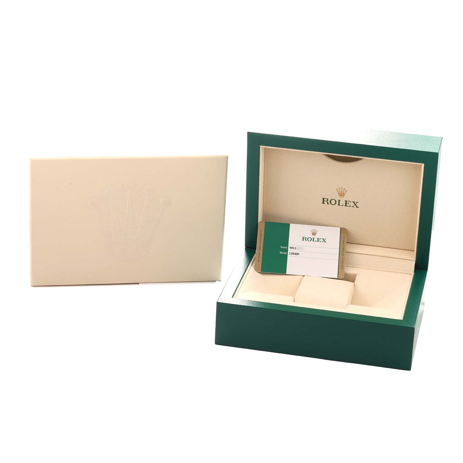 The image shows a Rolex Datejust 126300 Men
s Stainless Steel Silver Dial watch box and card, featuring the box interior and exterior packaging.