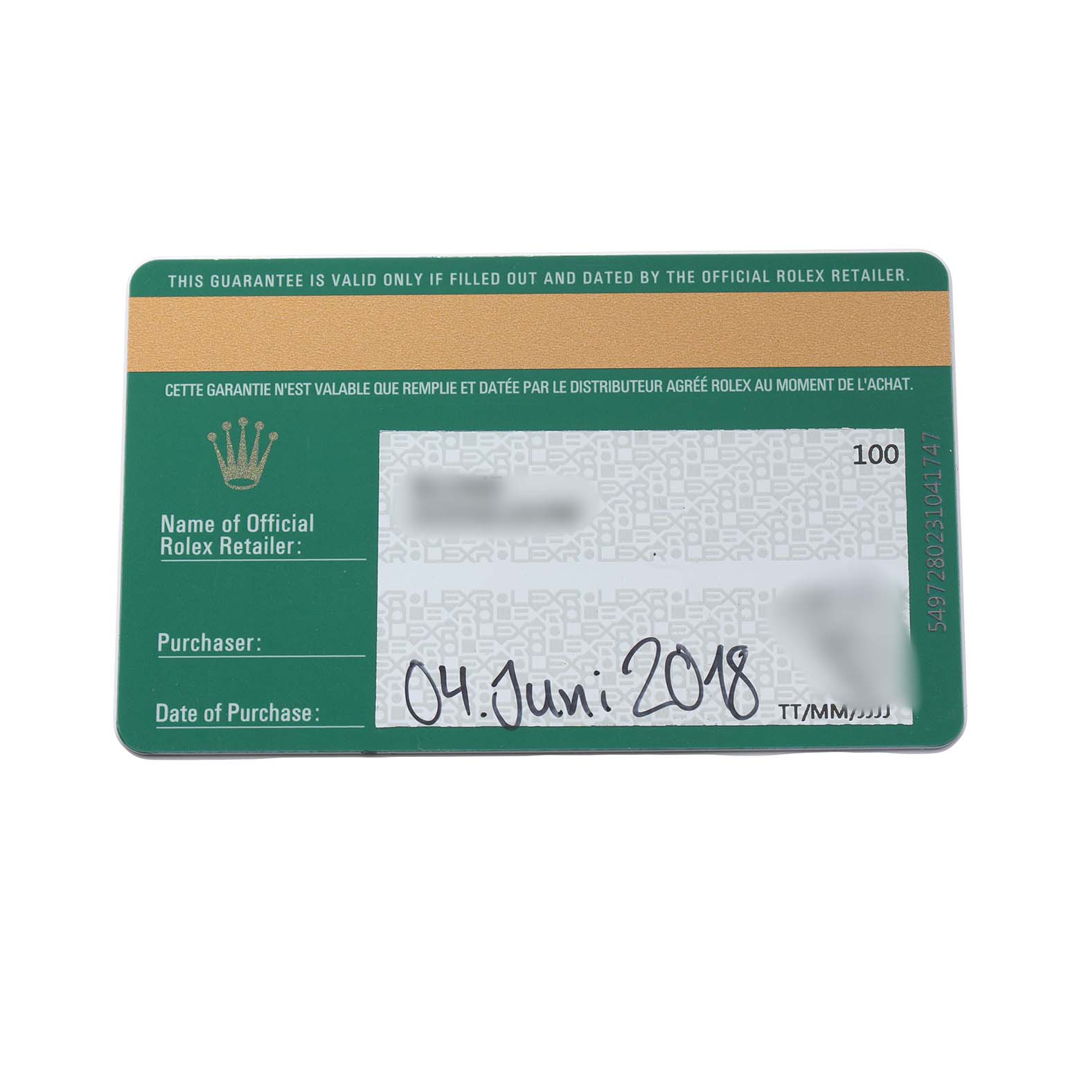 The image shows a warranty card for a Rolex Datejust 126300 Men
s Stainless Steel Silver Dial, featuring purchase details and retailer information.