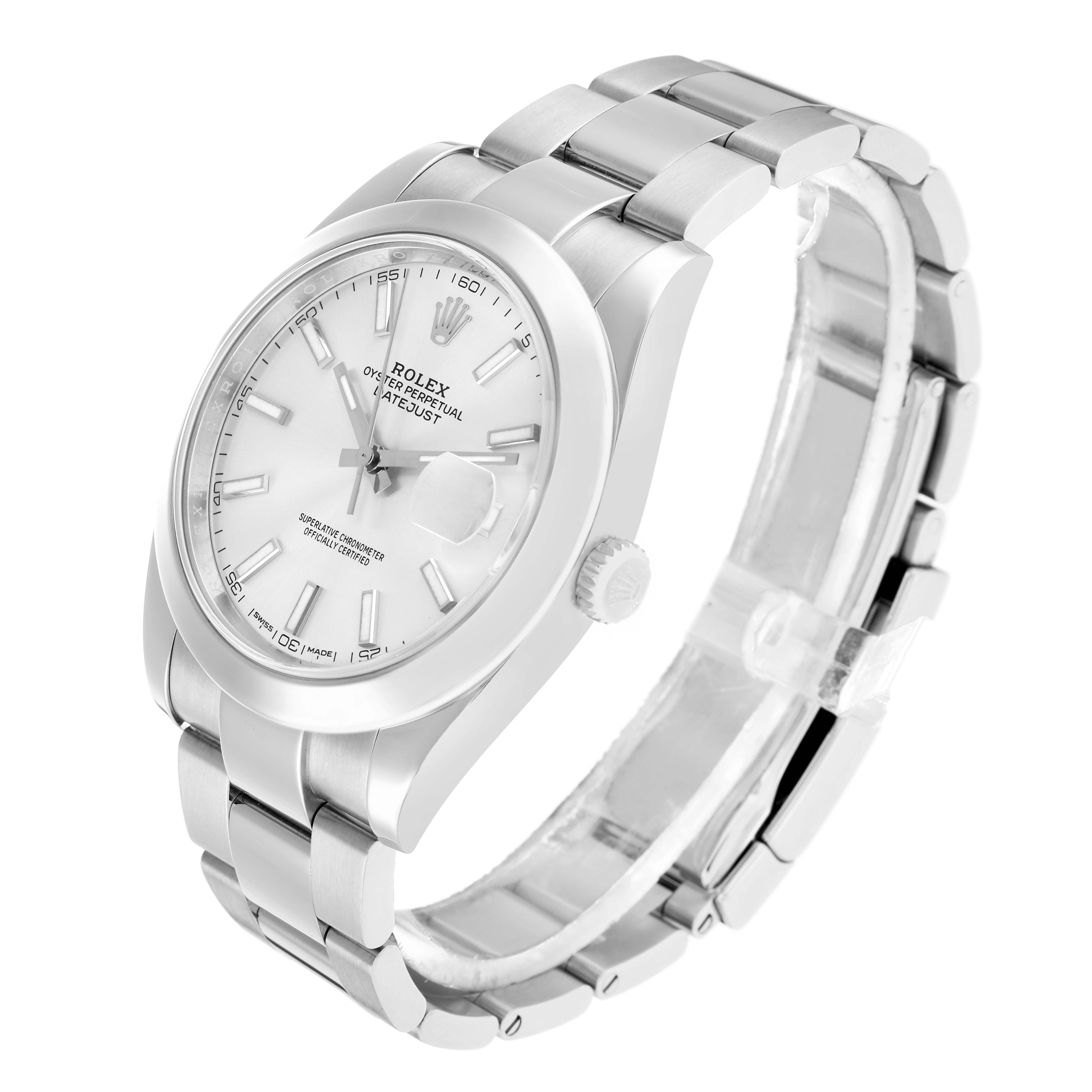 The Rolex Datejust 126300 Men
s Stainless Steel Silver Dial watch is shown at an angle highlighting the face, bezel, crown, and part of the bracelet.