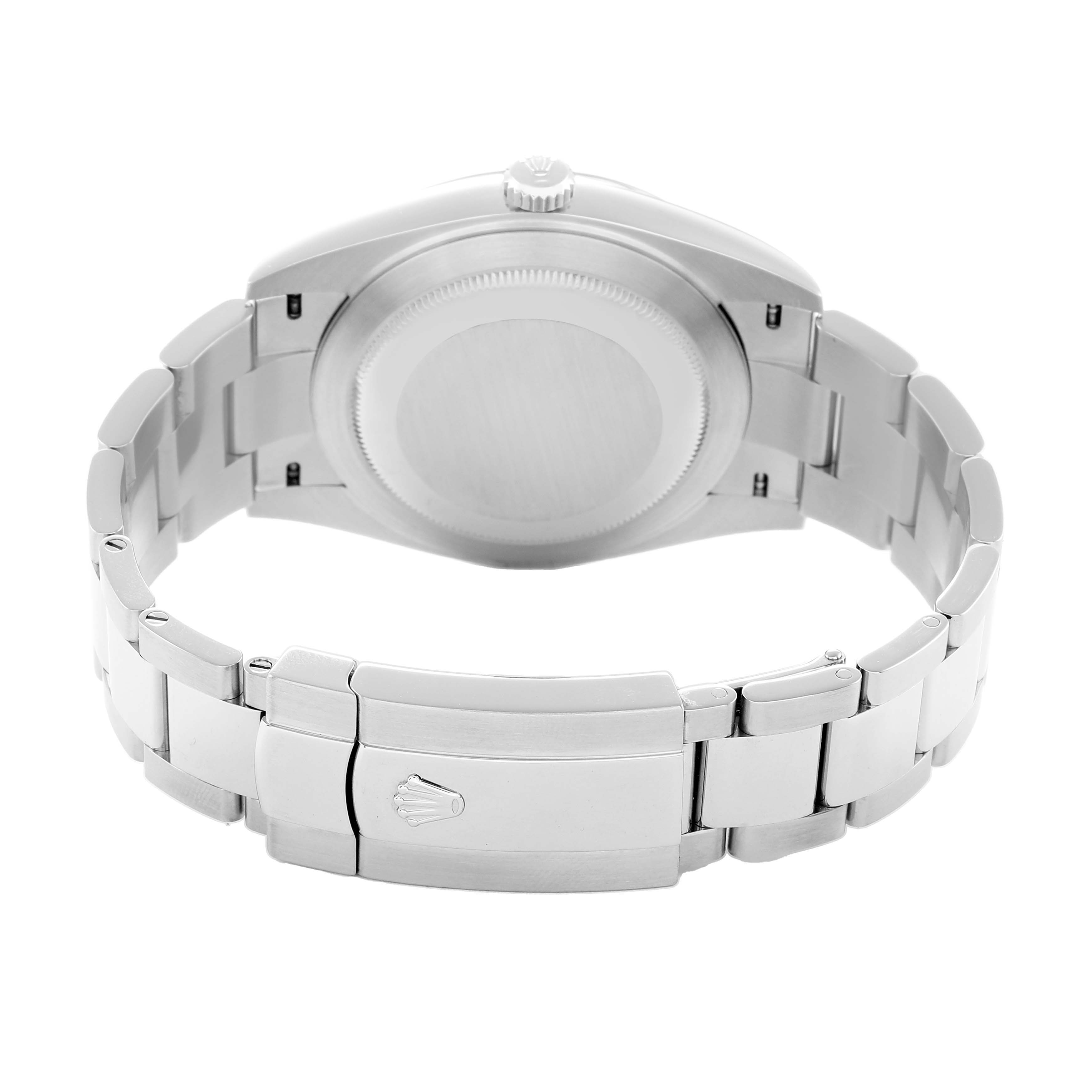 The image shows the back view of a Rolex Datejust 126300 Men
s Stainless Steel Silver Dial, highlighting its case back and metal bracelet with clasp.