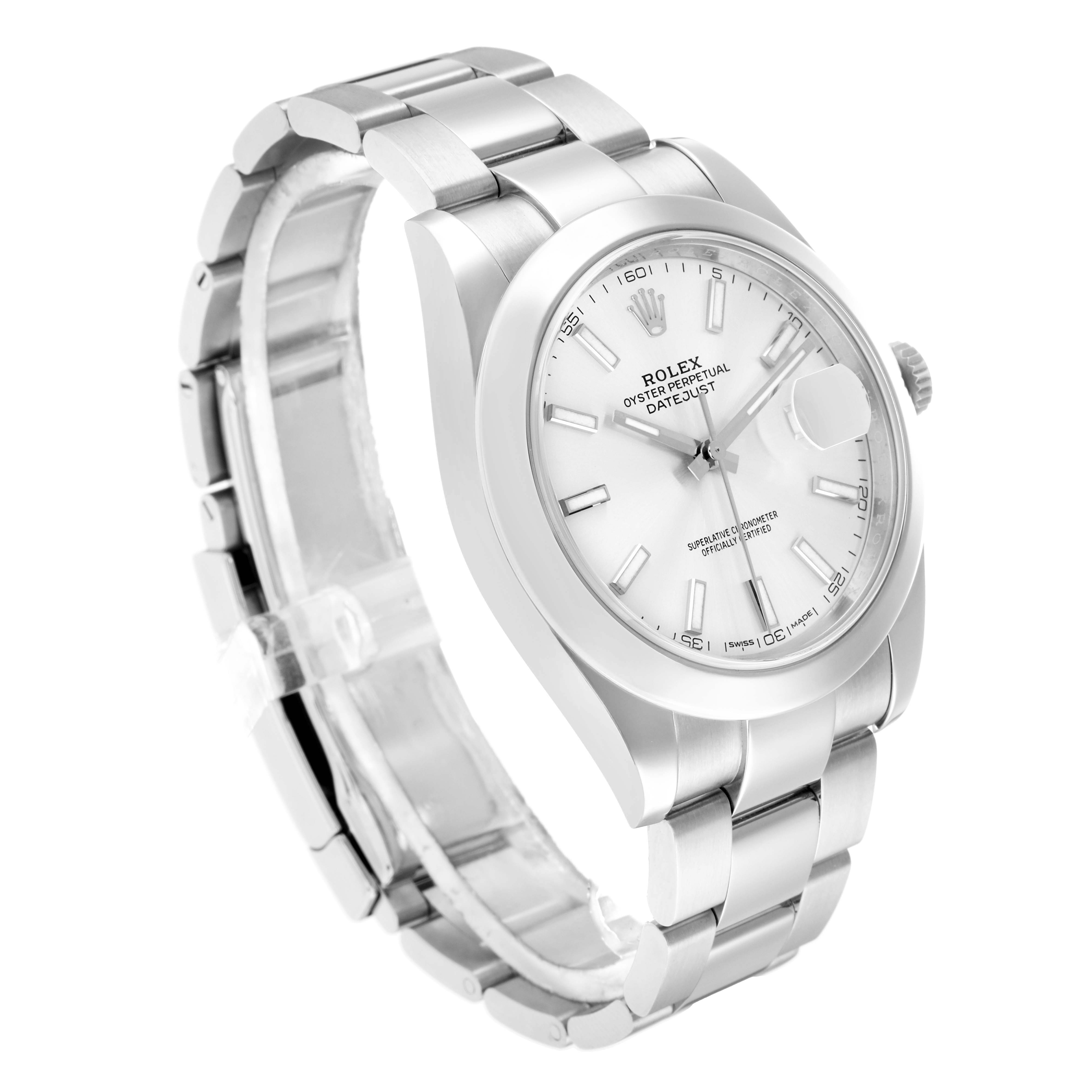 The Rolex Datejust 126300 Men
s Stainless Steel Silver Dial watch is shown at a three-quarter angle, displaying the dial, bezel, bracelet, and part of the crown.