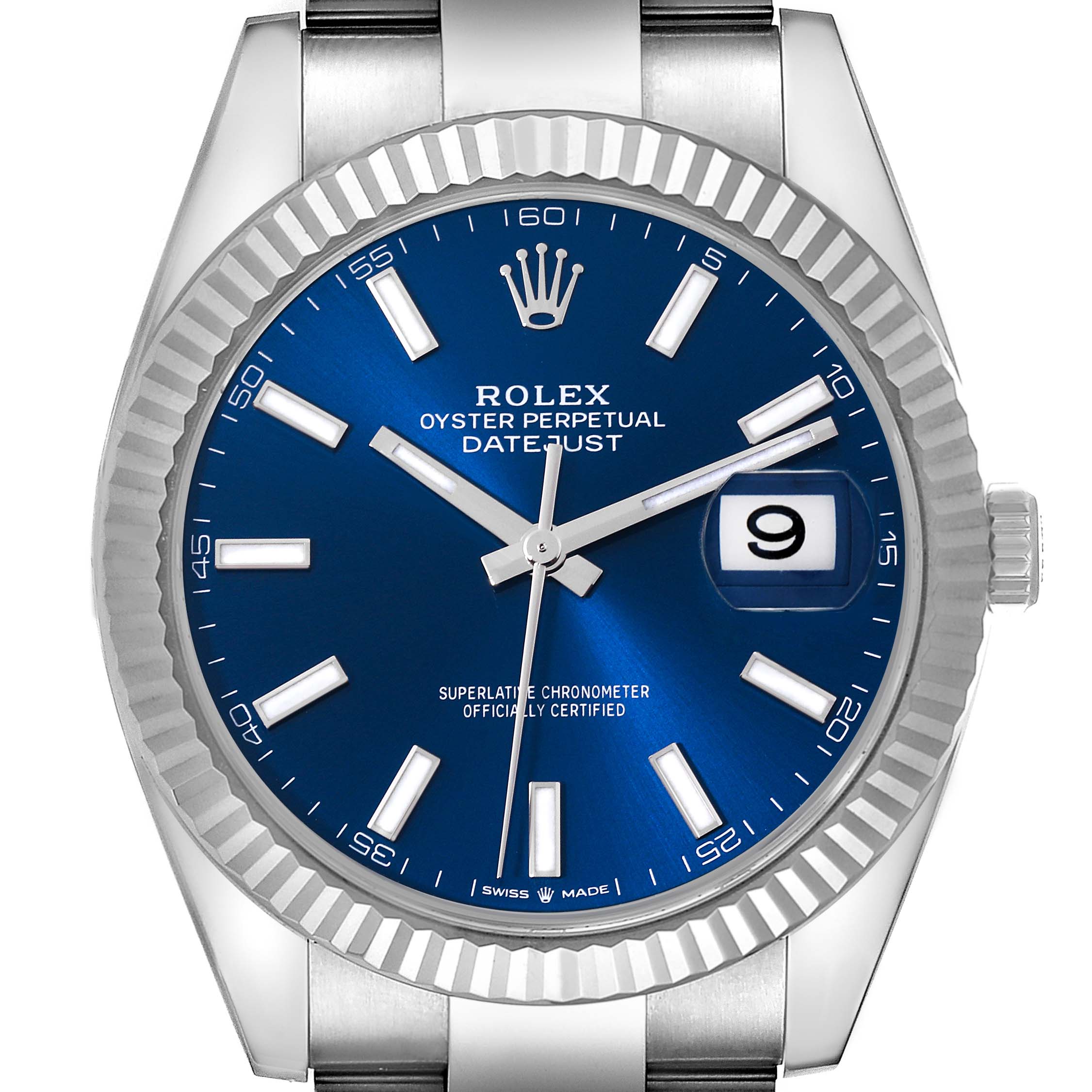 This image shows a frontal view of the Rolex 126334 Men's Stainless Steel Blue Dial 126334 Men's Stainless Steel Blue Dial Datejust 41 model 126334 with a steel and white gold case, blue dial, and date display.