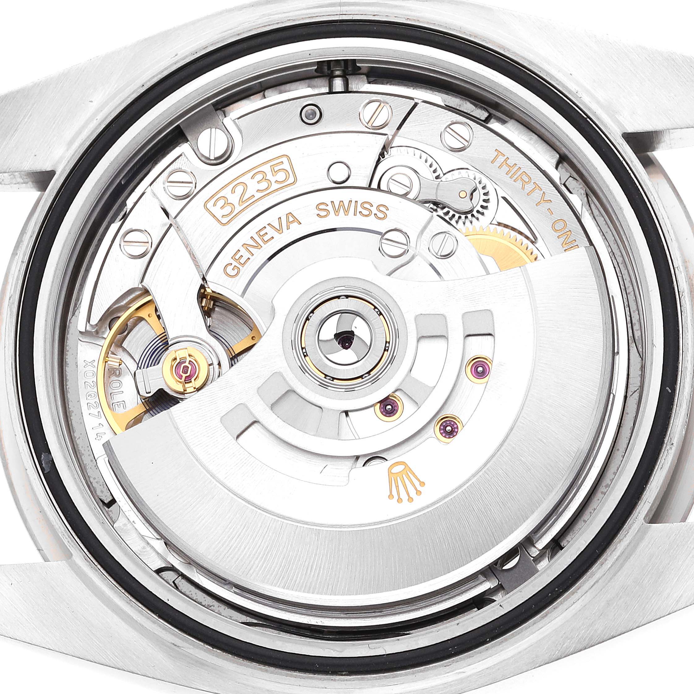 The image shows the open case back of the Rolex 126334 Men's Stainless Steel Blue Dial 126334 Men's Stainless Steel Blue Dial Datejust 41 Steel White Gold Blue Dial Men's Watch 126334, highlighting the movement.