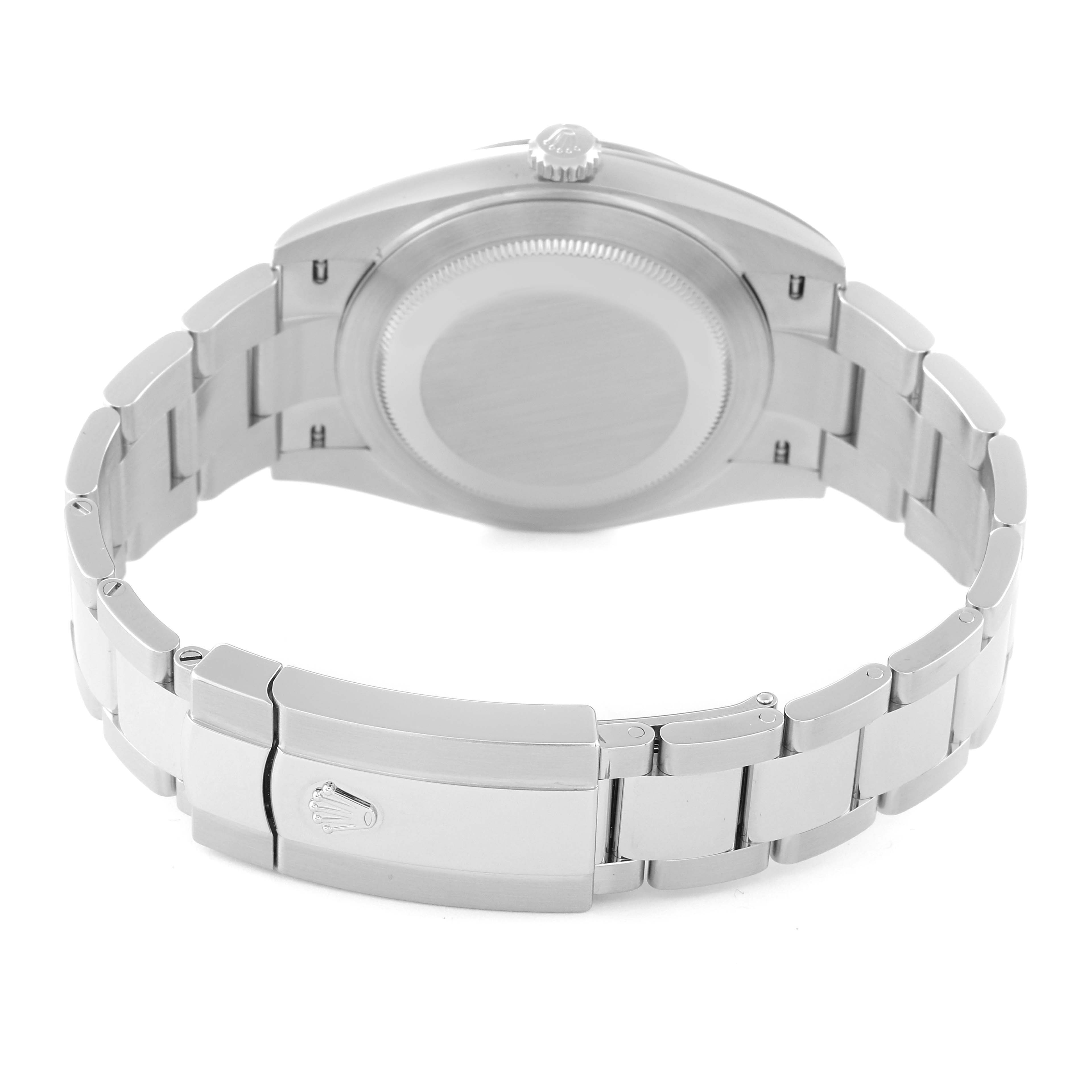 This image shows the back view of a Rolex 126334 Men's Stainless Steel Blue Dial 126334 Men's Stainless Steel Blue Dial Datejust 41 126334 with its bracelet and clasp visible.