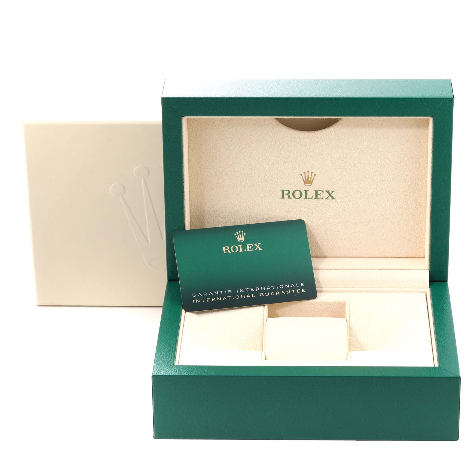 The image shows the open box and international guarantee card for a Rolex 126334 Men's Stainless Steel Blue Dial 126334 Men's Stainless Steel Blue Dial Datejust 41 Steel White Gold Blue Dial Mens Watch, model 126334.