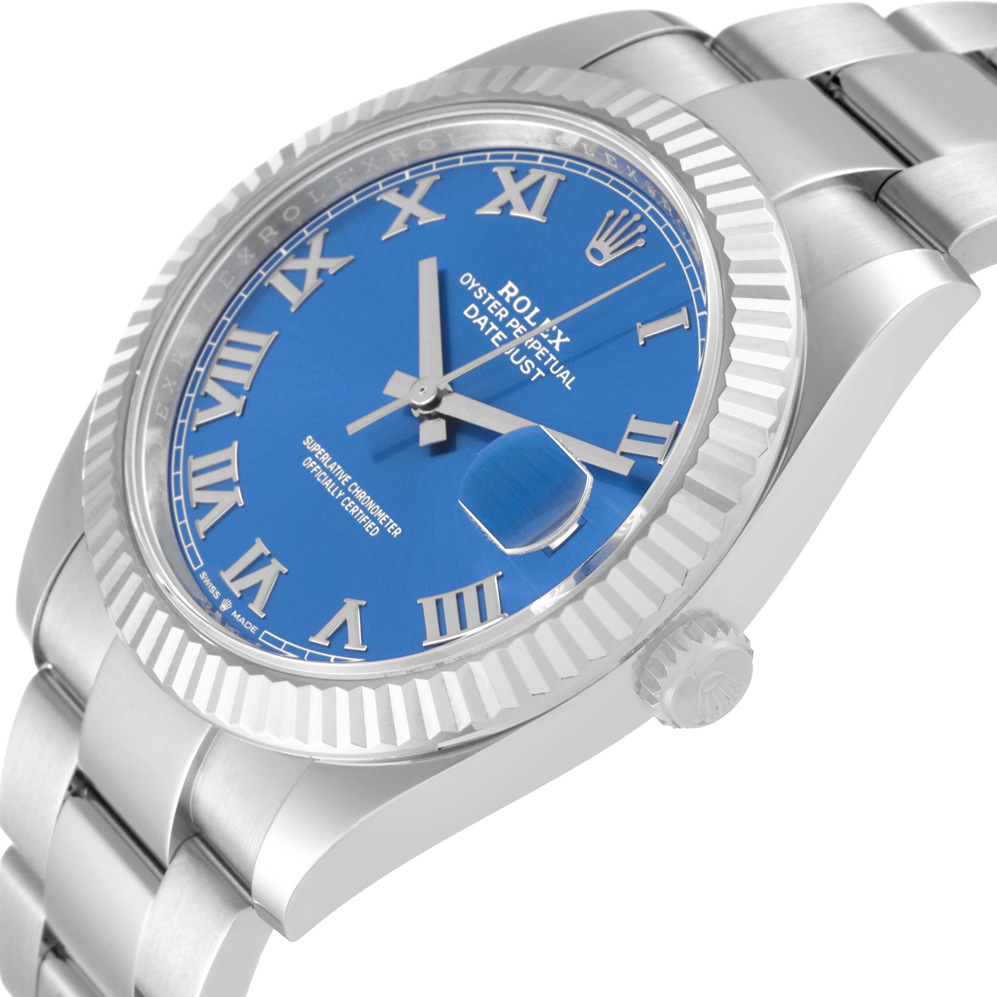 This image shows a Rolex Datejust 41 126334 Men's Stainless Steel Blue Dial 126334 Men's Stainless Steel Blue Dial wristwatch at an angled side view, highlighting the blue dial, fluted bezel, and part of the bracelet.