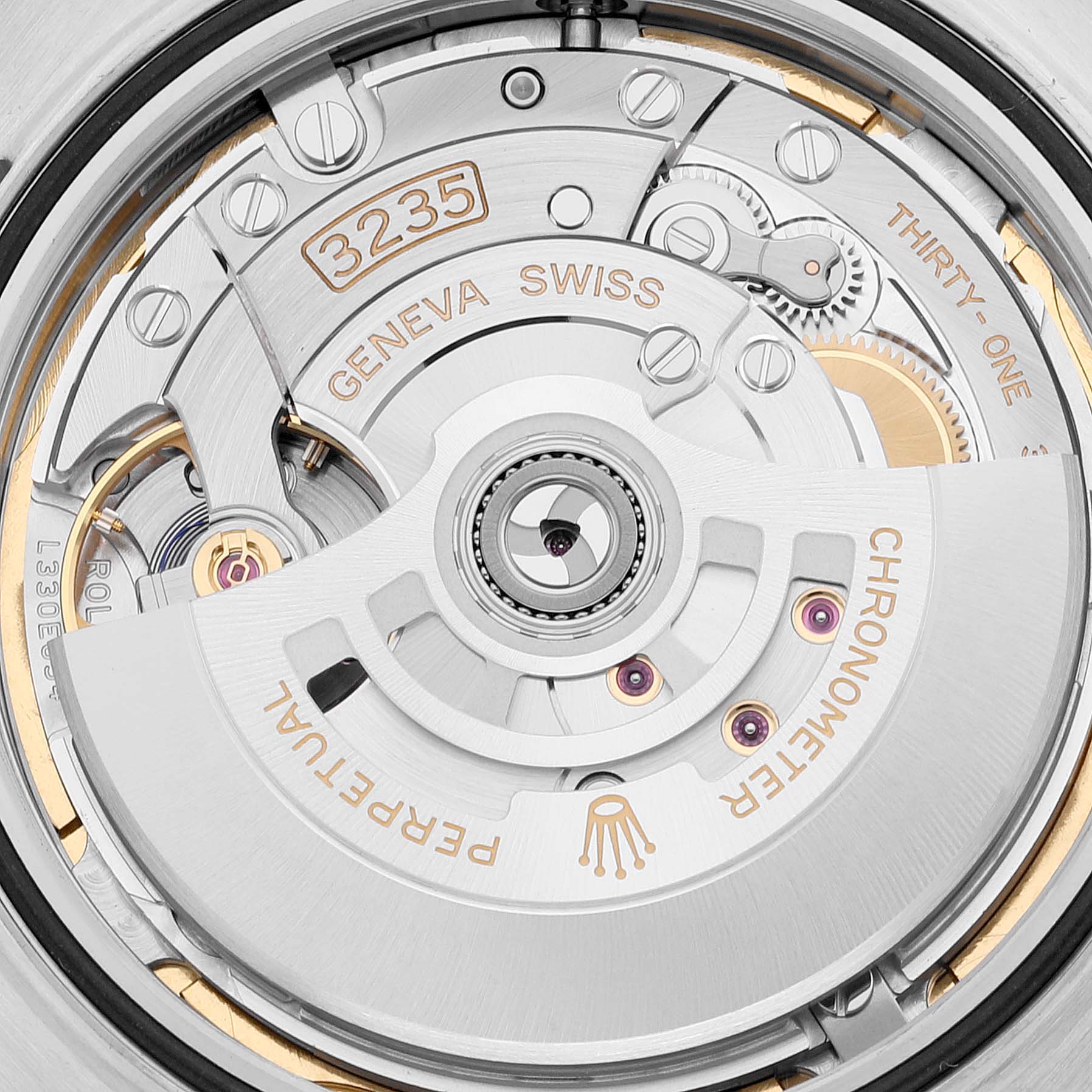 This image shows the intricate movement mechanism of the Rolex Datejust 41 126334 Men's Stainless Steel Blue Dial 126334 Men's Stainless Steel Blue Dial, focusing on its caliber 3235.