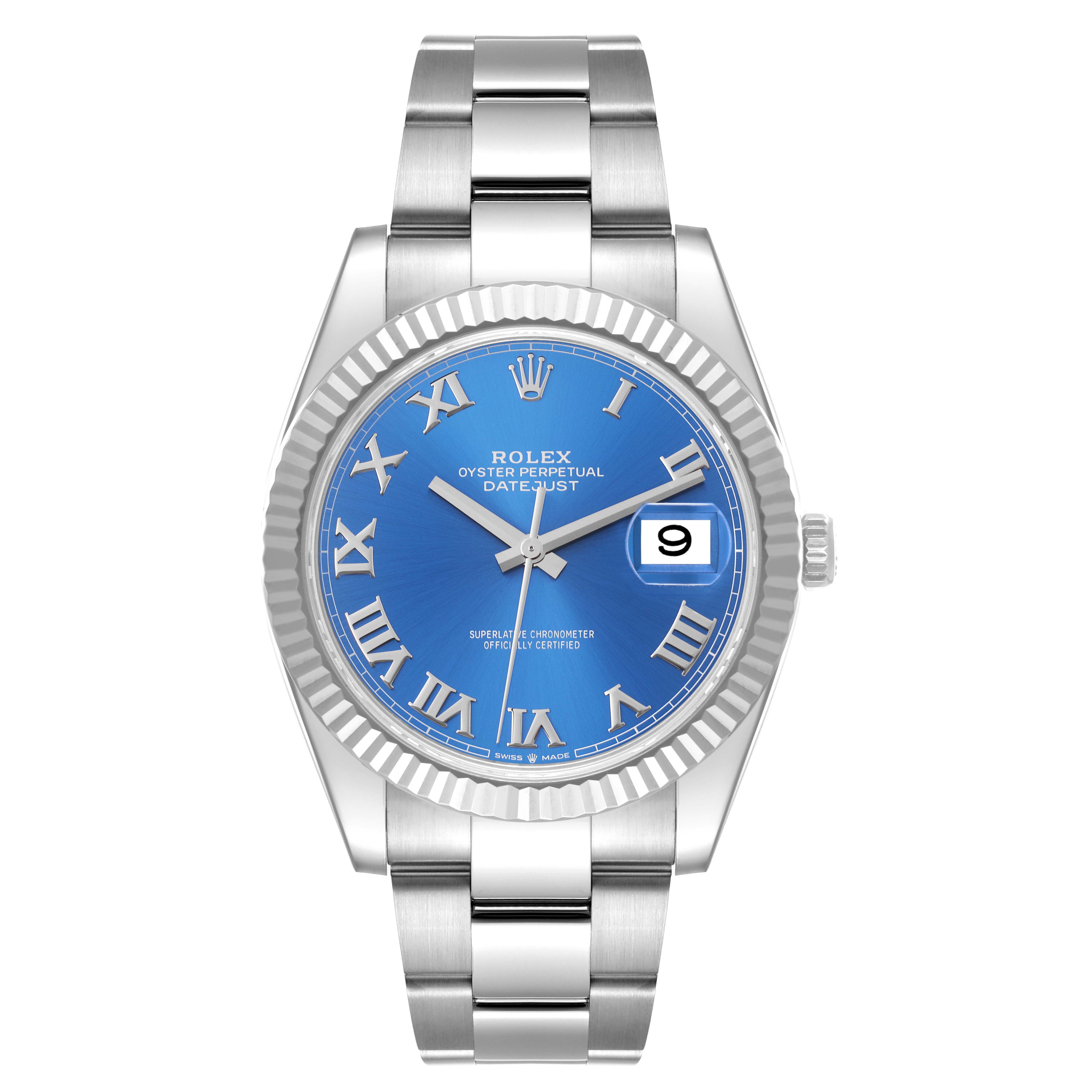 The image shows a front view of a Rolex Datejust 41 126334 Men's Stainless Steel Blue Dial 126334 Men's Stainless Steel Blue Dial watch, highlighting its blue dial, silver bracelet, and date window.