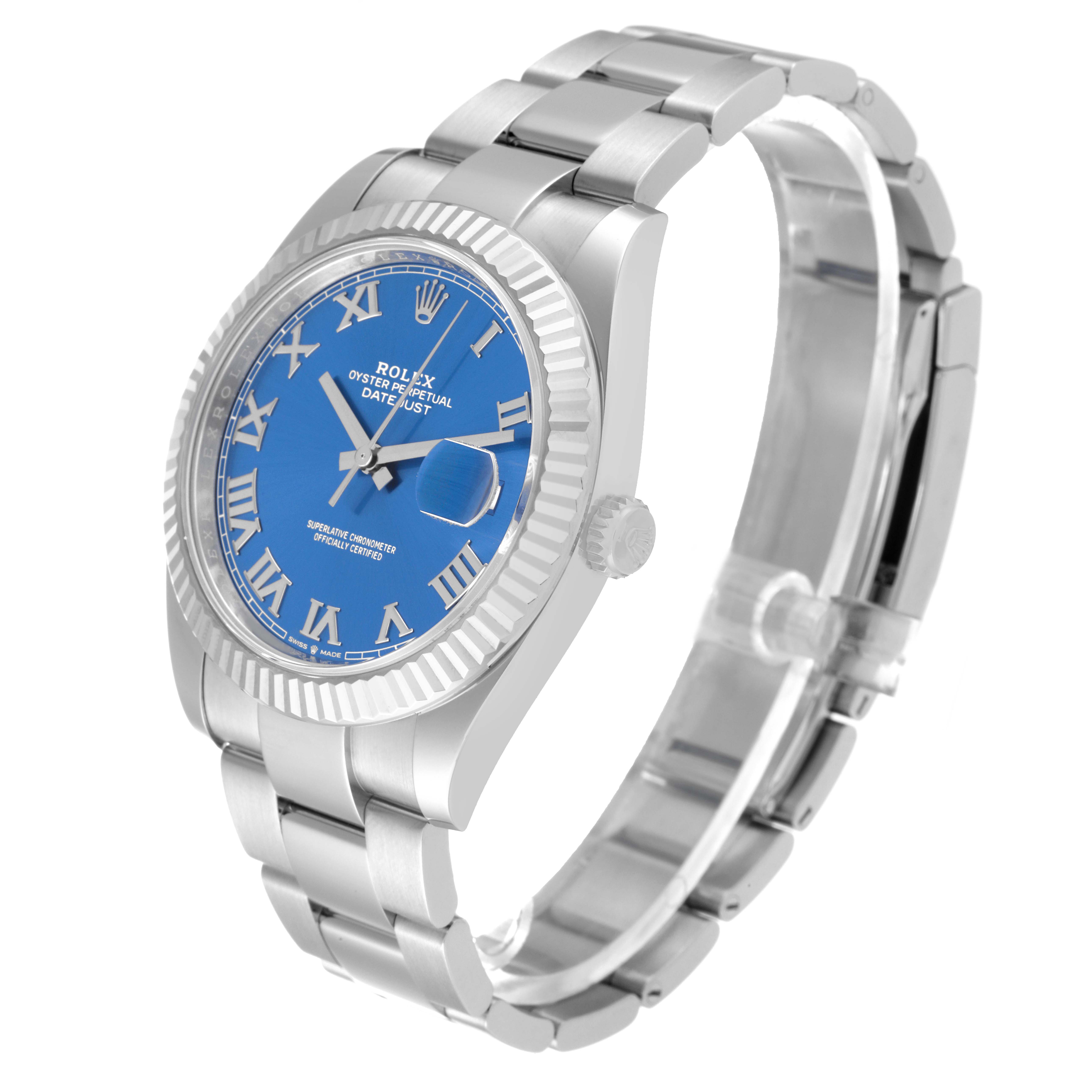 This image shows a side angle of the Rolex Datejust 41 126334 Men's Stainless Steel Blue Dial 126334 Men's Stainless Steel Blue Dial, highlighting its blue dial, fluted bezel, and Oyster bracelet.