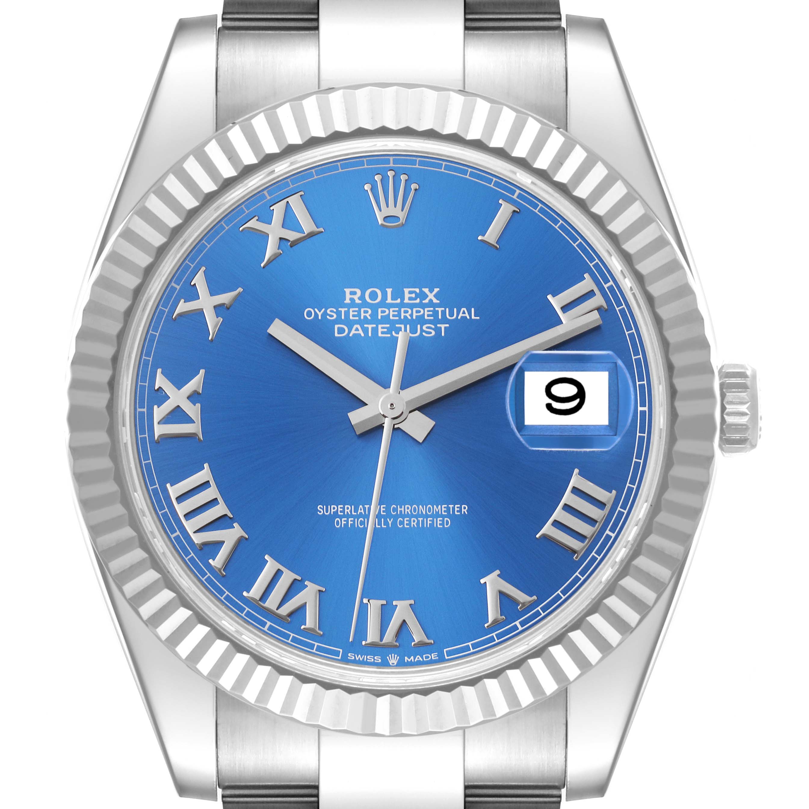 The image shows a frontal view of the Rolex Datejust 41 126334 Men's Stainless Steel Blue Dial 126334 Men's Stainless Steel Blue Dial watch displaying its blue dial, Roman numeral markers, and date window.
