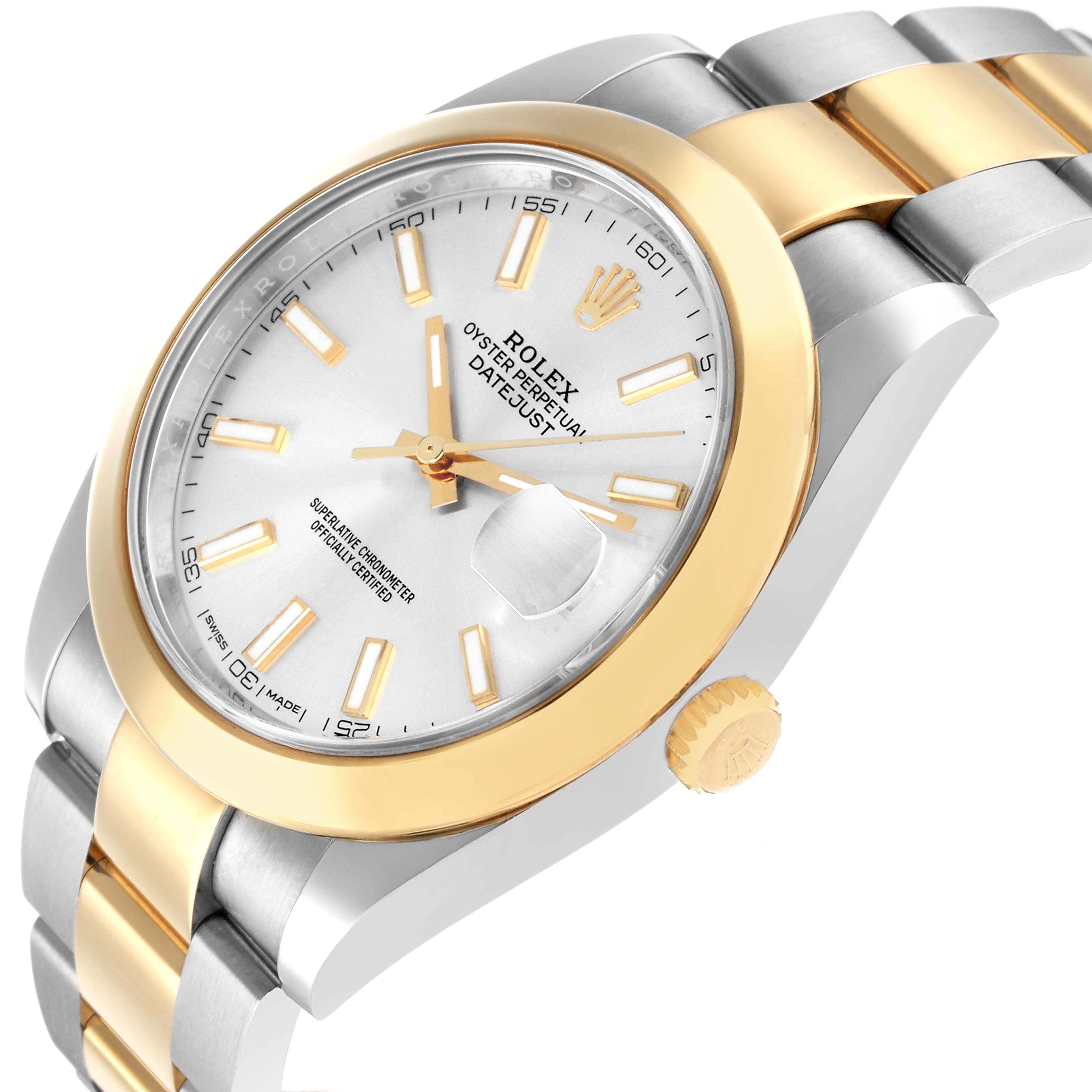 The Rolex Datejust 41 126303 Men
s Steel and Gold (two tone) Silver Dial is shown from an angled side view featuring the face, bezel, and crown, highlighting the two-tone bracelet.