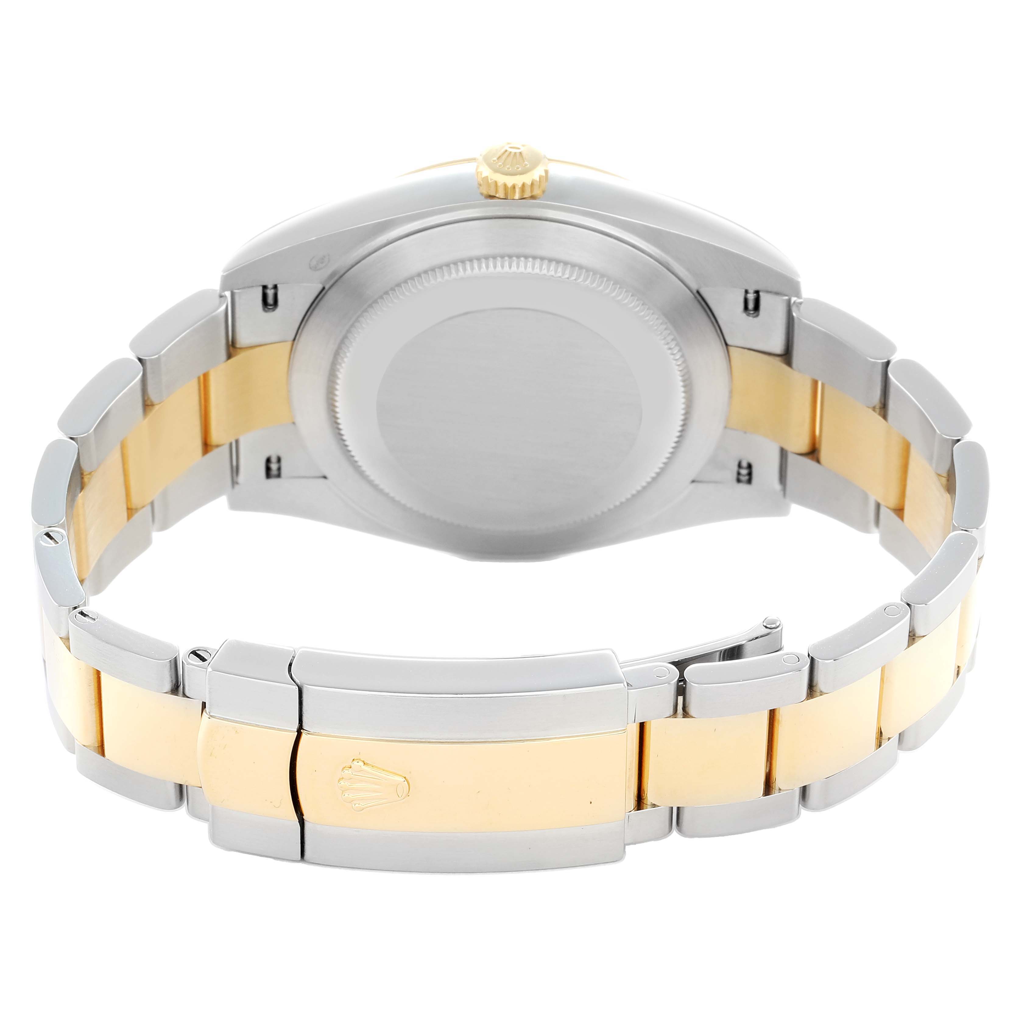 The image shows the back of a Rolex Datejust 41 126303 Men
s Steel and Gold (two tone) Silver Dial, featuring the case back, two-tone bracelet, and clasp from a rear angle.