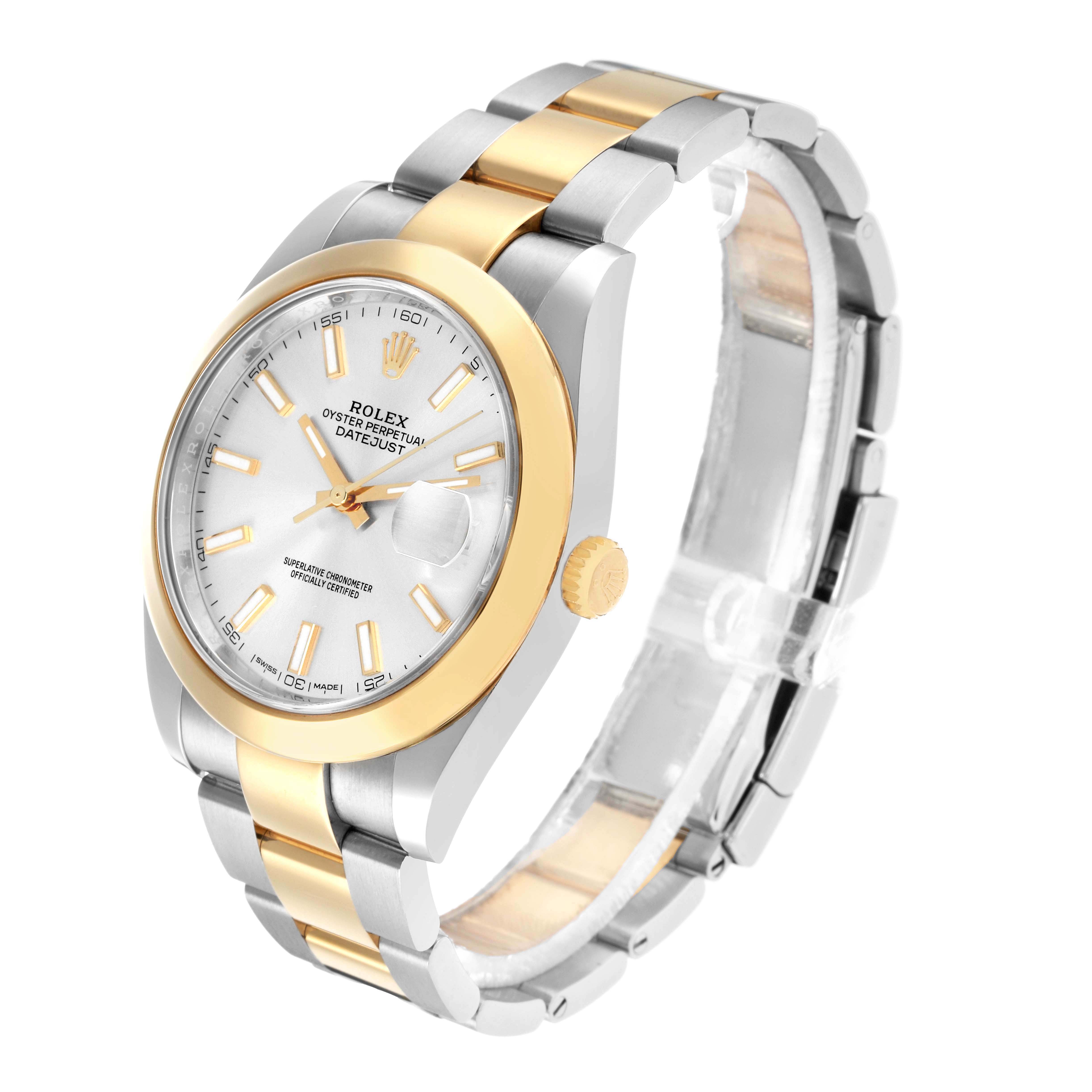 The Rolex Datejust 41 126303 Men
s Steel and Gold (two tone) Silver Dial is shown at a three-quarter angle, highlighting the two-tone bracelet, bezel, and dial.