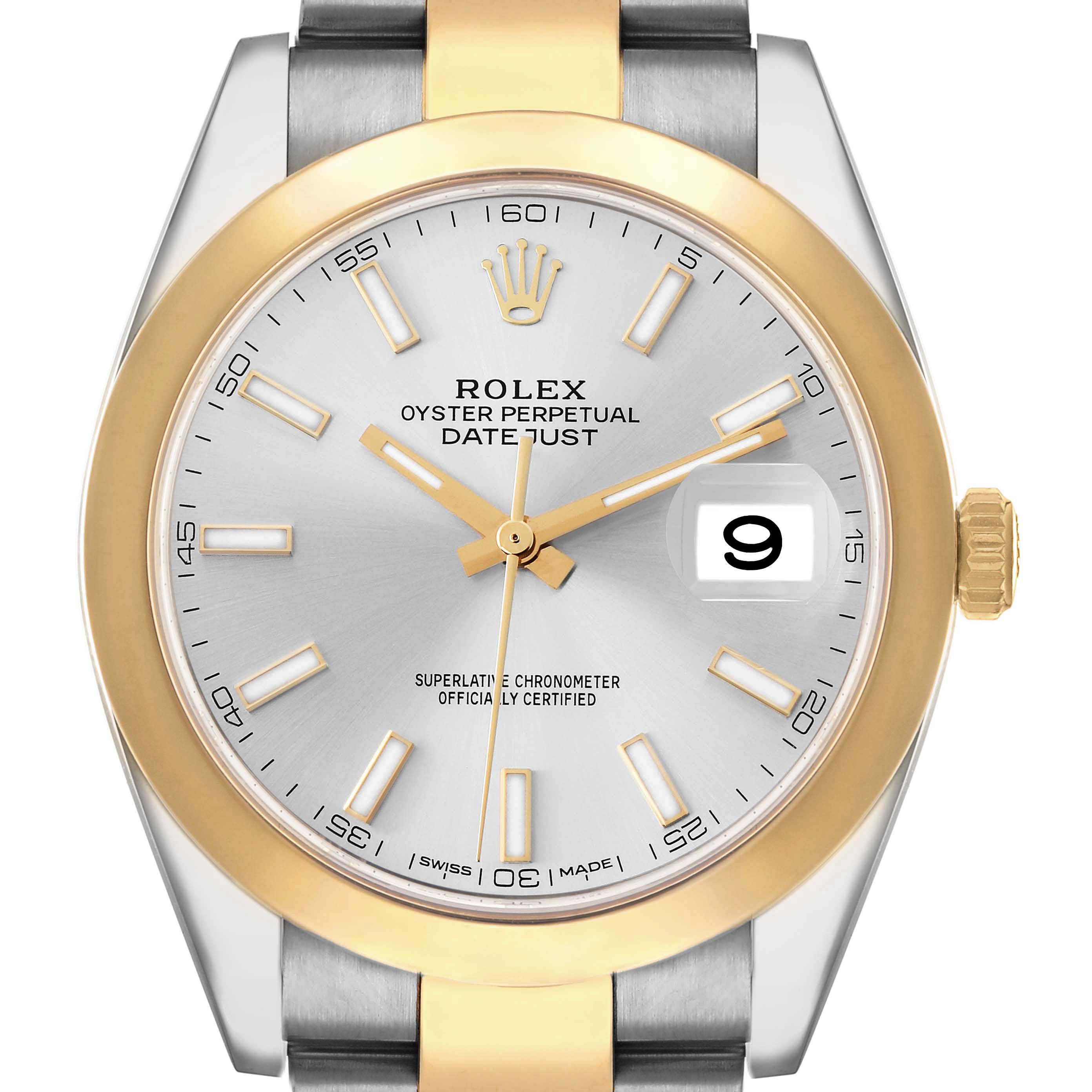 The Rolex Datejust 41 126303 Men
s Steel and Gold (two tone) Silver Dial watch is shown from a front angle, highlighting the dial, hands, date window, and bezel.