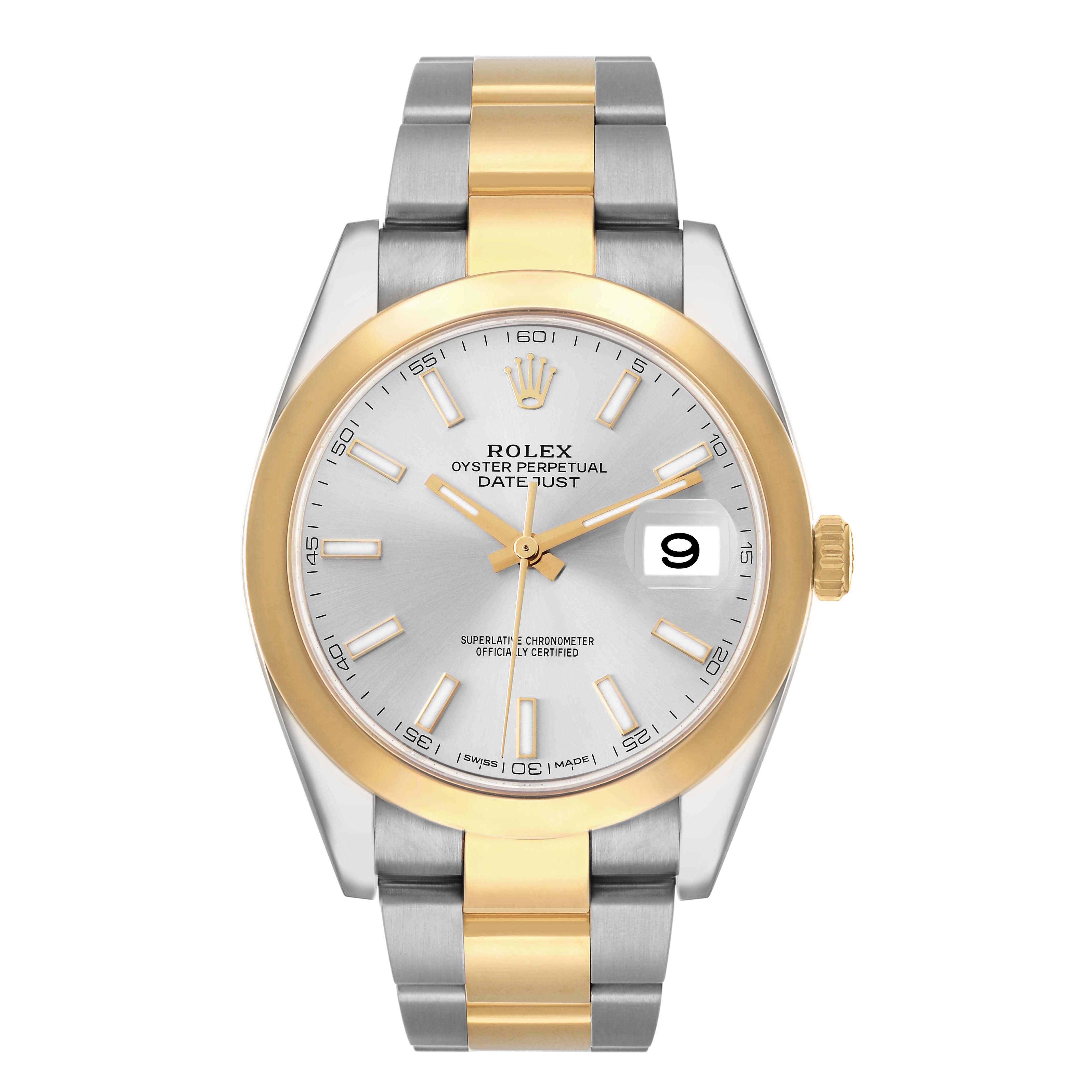 The image shows a front view of a Rolex Datejust 41 126303 Men
s Steel and Gold (two tone) Silver Dial, highlighting the dial, bezel, and two-tone bracelet.
