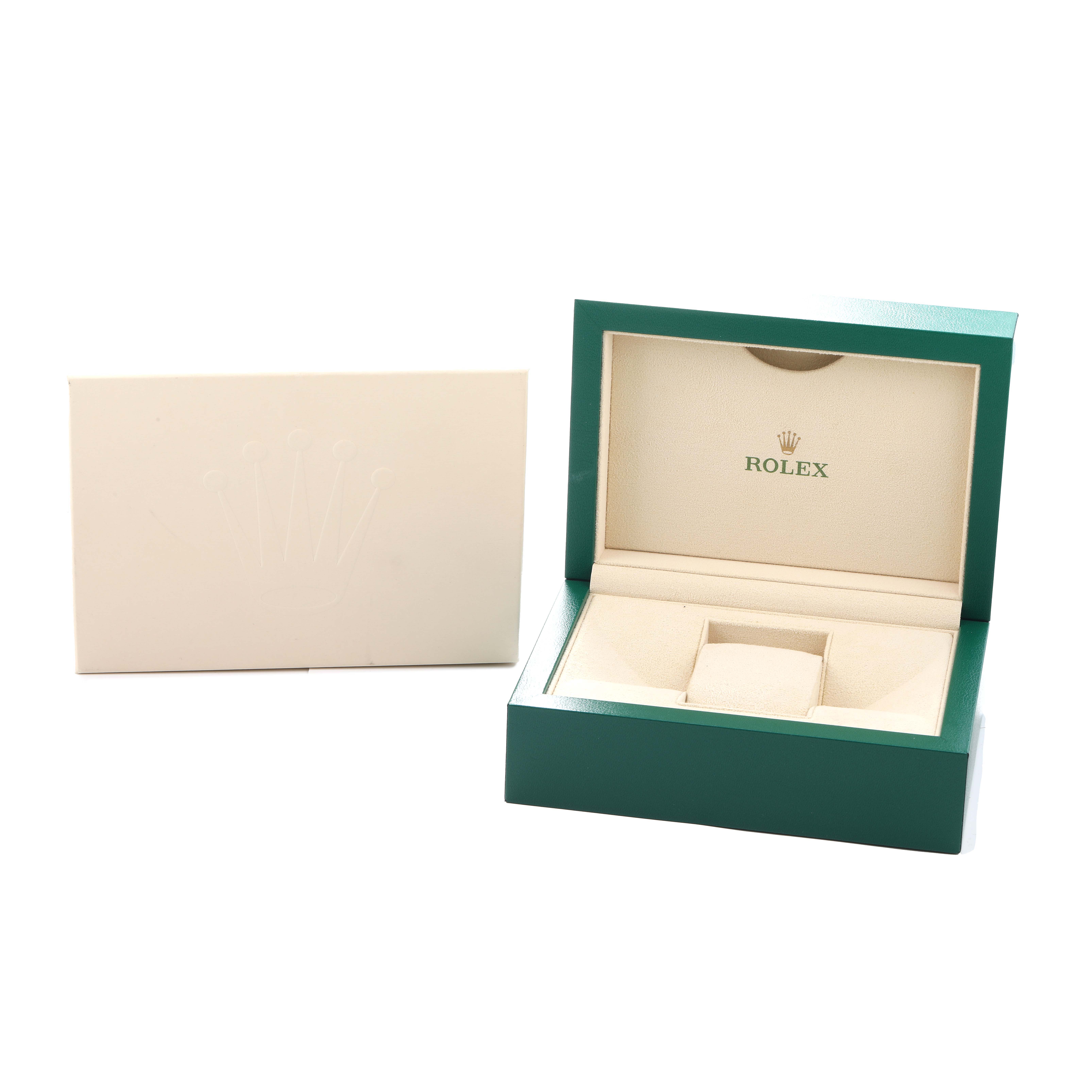 The image shows the open green Rolex Datejust 41 126303 Men
s Steel and Gold (two tone) Silver Dial watch box and an outer cream sleeve with the Rolex logo.