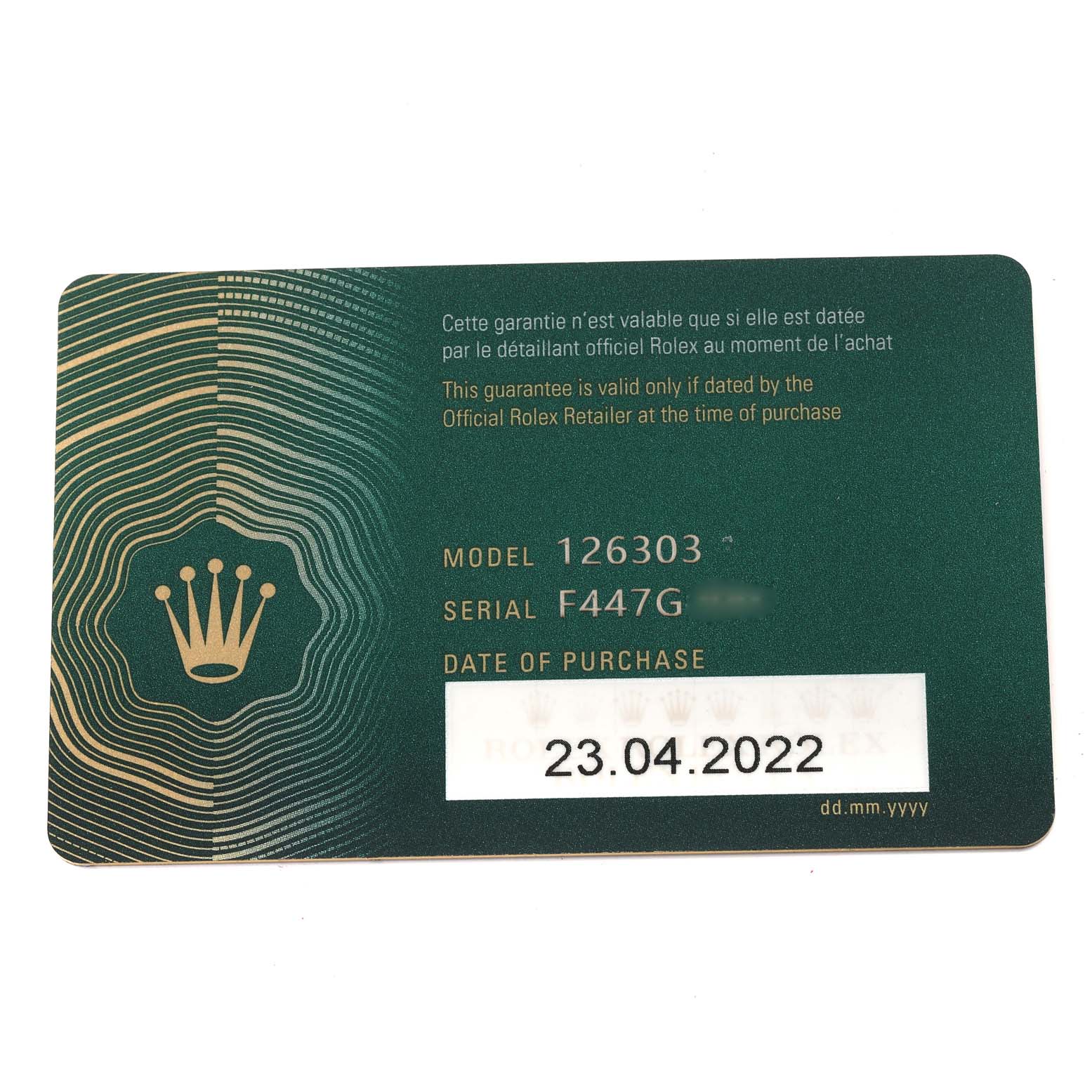 This image shows a warranty card for a Rolex Datejust 41 126303 Men
s Steel and Gold (two tone) Grey Dial 126303 Men
s Steel and Gold (two tone) Grey Dial model, including the model number, serial number, and date of purchase.