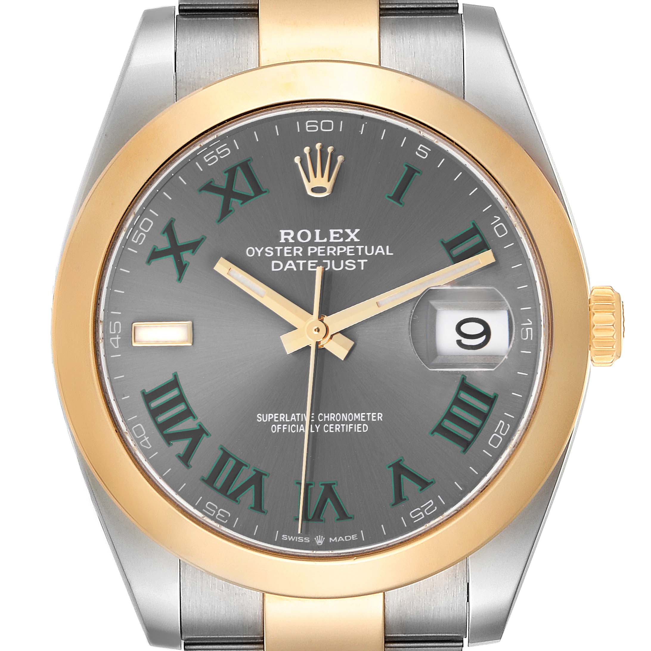 This image shows a front view of the Rolex Datejust 41 126303 Men
s Steel and Gold (two tone) Grey Dial 126303 Men
s Steel and Gold (two tone) Grey Dial watch, displaying the dial, bezel, hands, and bracelet.