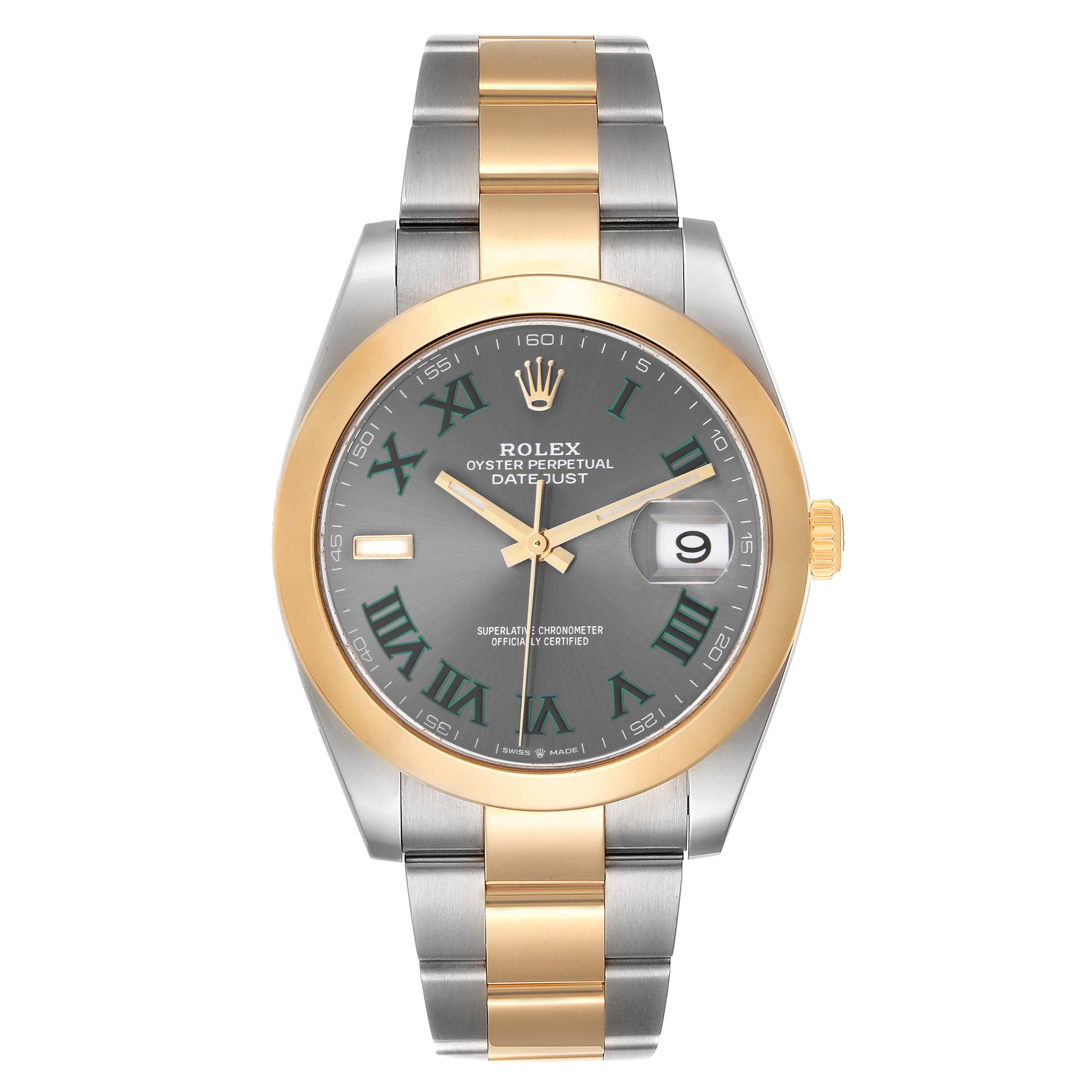 The image shows a front view of the Rolex Datejust 41 126303 Men
s Steel and Gold (two tone) Grey Dial 126303 Men
s Steel and Gold (two tone) Grey Dial, featuring its dial, bezel, and bracelet.