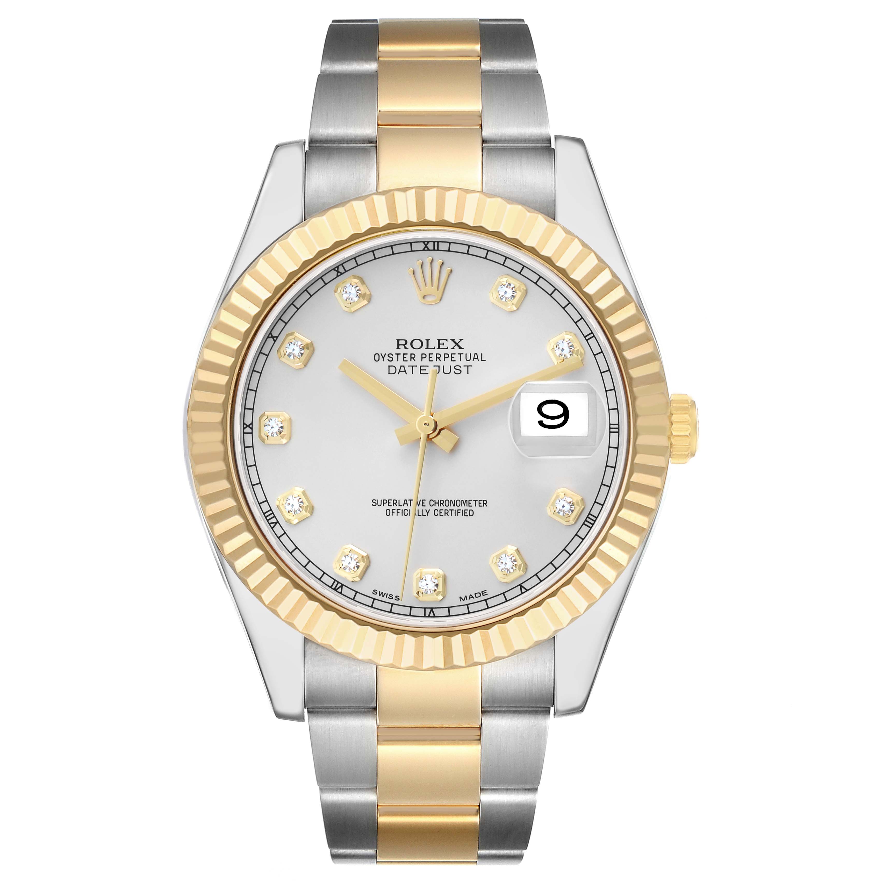 The Rolex Datejust 41 116333 Men
s Steel and Gold (two tone) Silver Dial watch is shown from a top view, highlighting the bezel, dial, hands, and the two-tone bracelet.