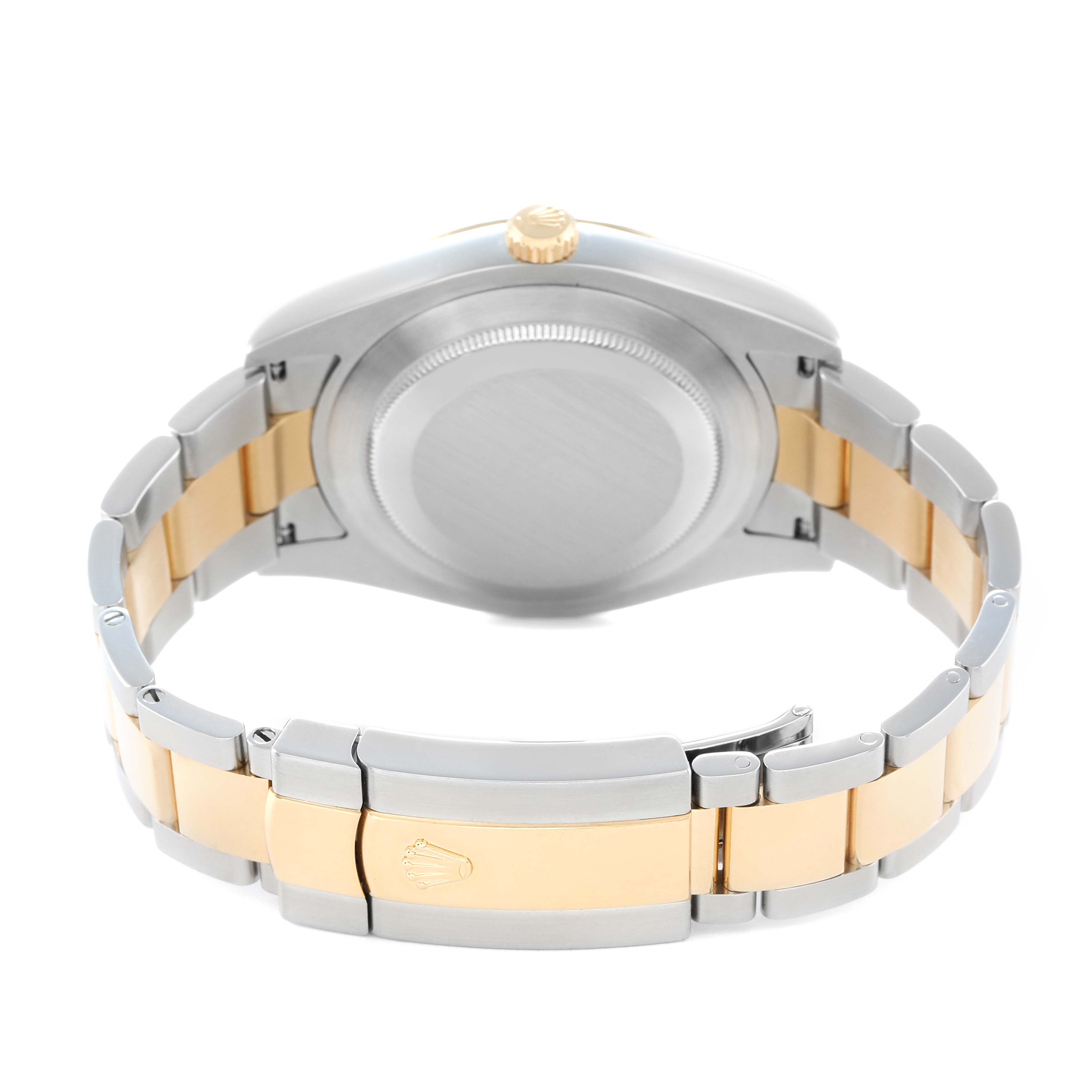 The image shows the back case and bracelet of the Rolex Datejust 41 116333 Men
s Steel and Gold (two tone) Silver Dial, highlighting the dual-tone metal and clasp.