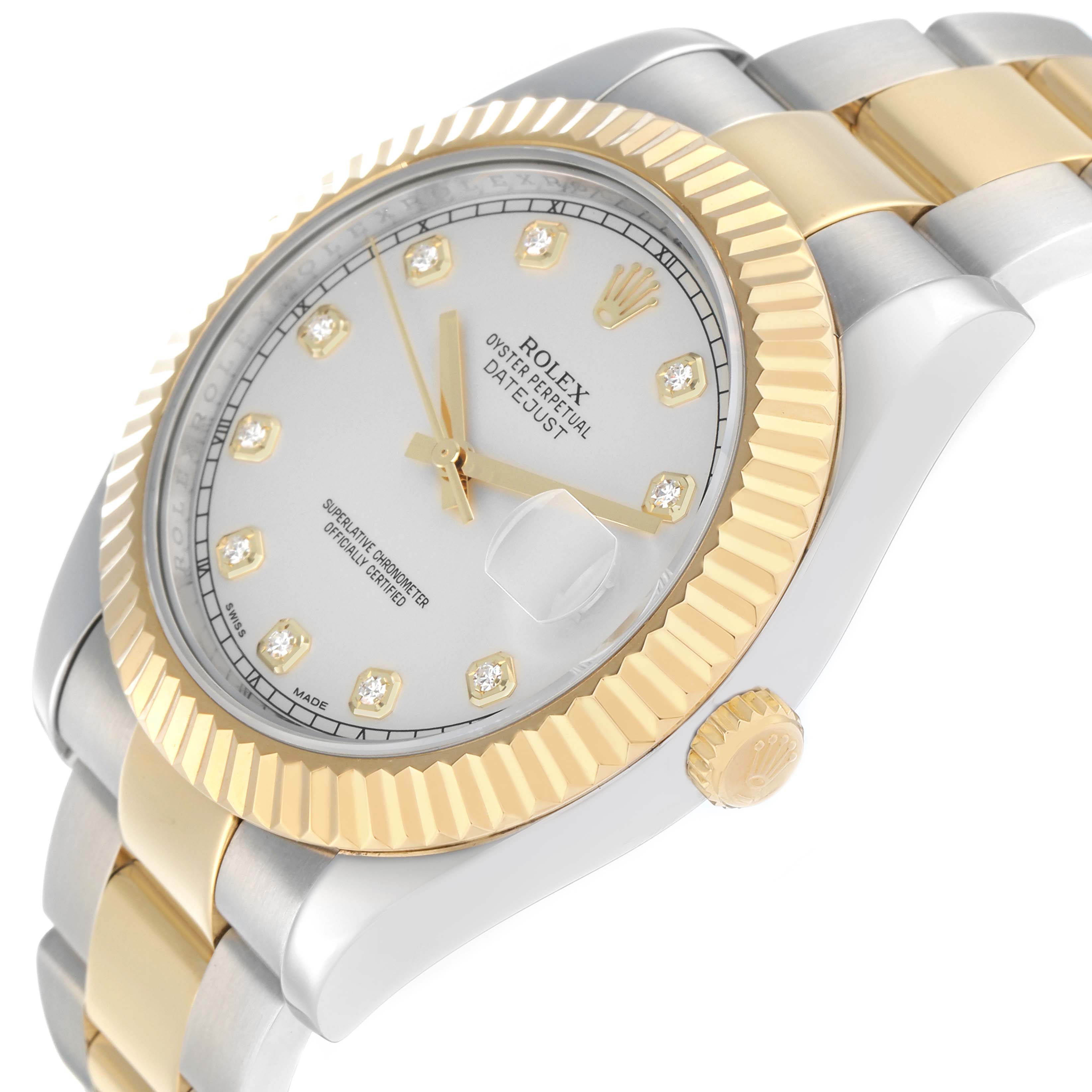 The image shows a Rolex Datejust 41 116333 Men
s Steel and Gold (two tone) Silver Dial at an angled view highlighting the gold bezel, dial, crown, and part of the bracelet.