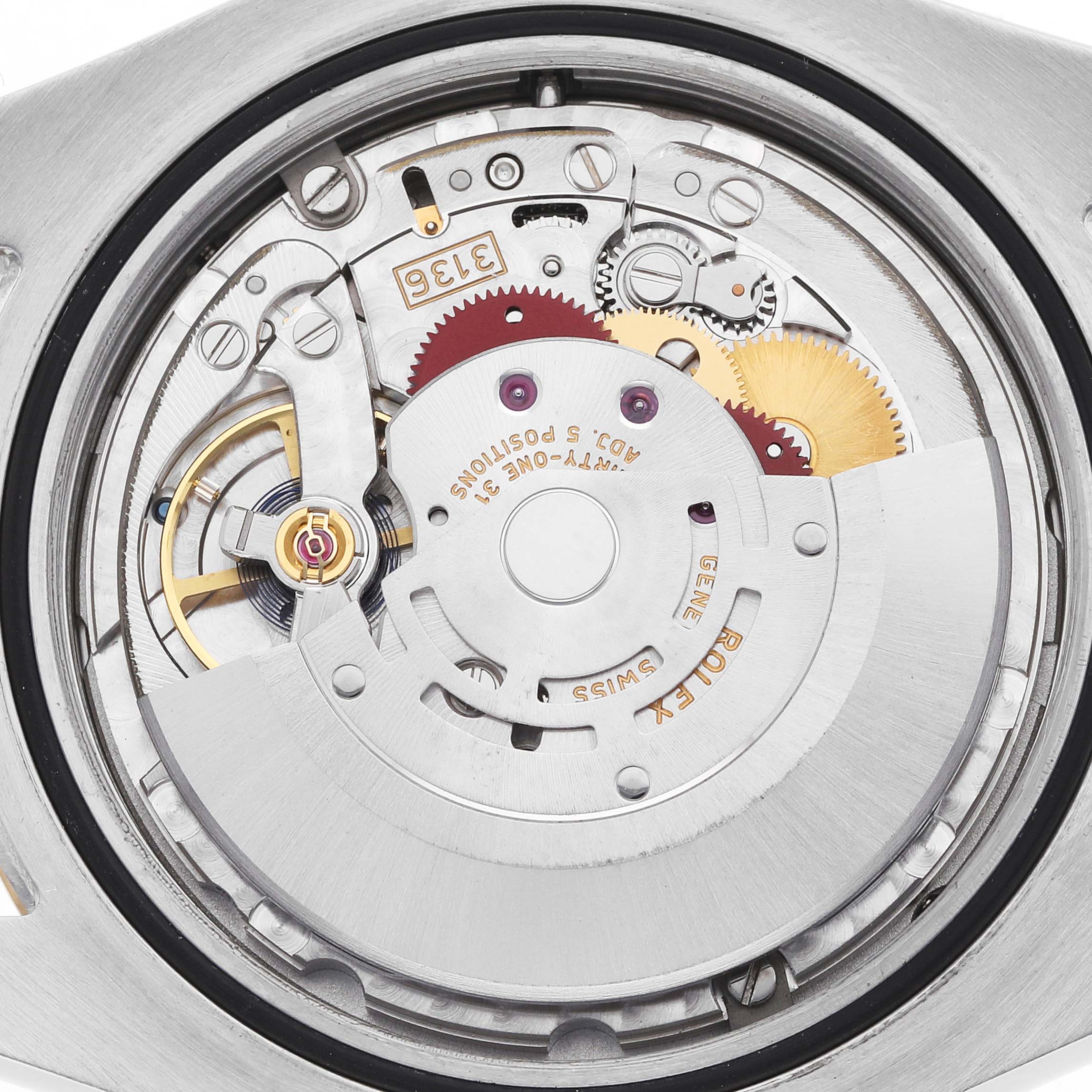 The image shows the intricate internal mechanism of a Rolex Datejust 41 116333 Men
s Steel and Gold (two tone) Silver Dial watch, viewed from the back, highlighting the movement components.
