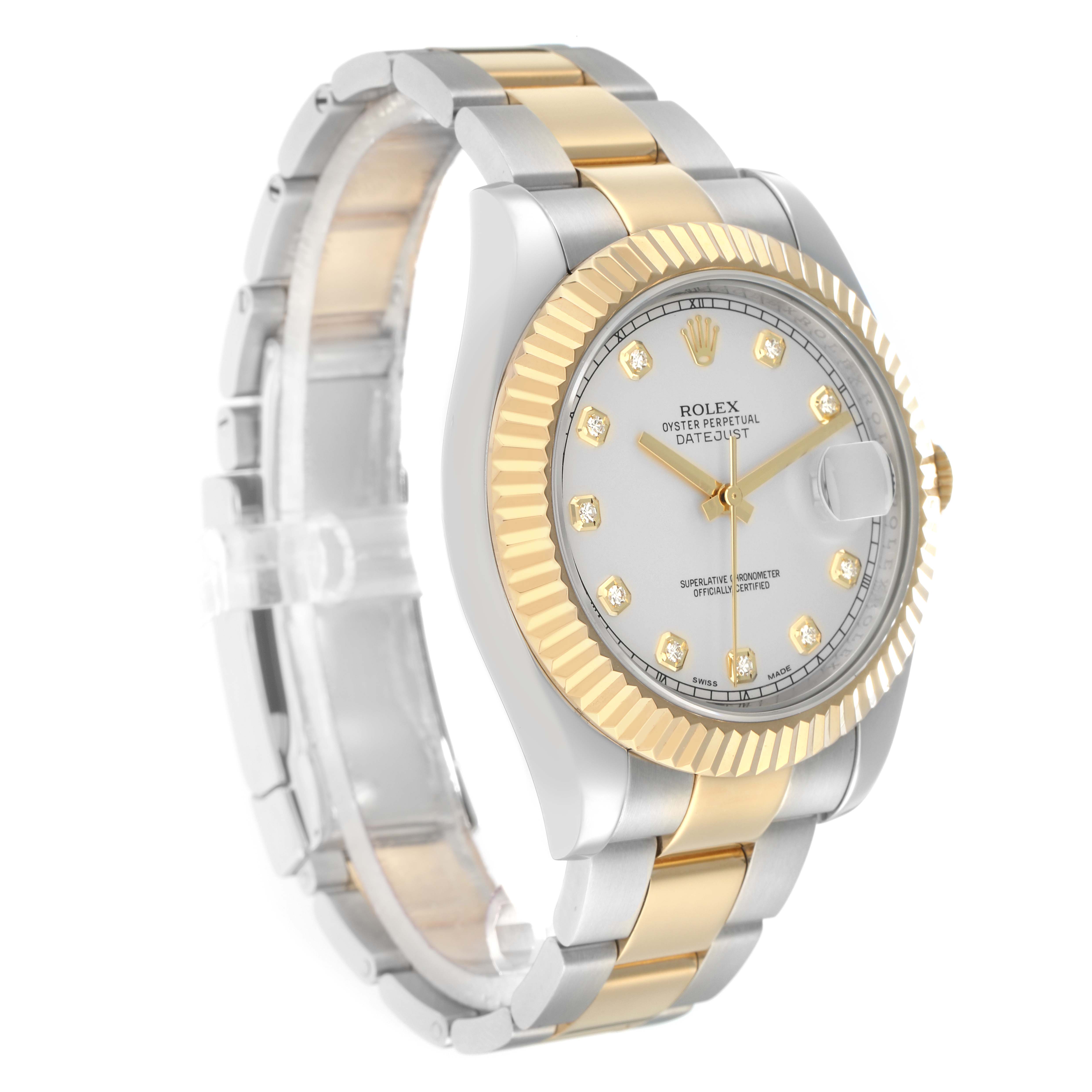 The watch is shown at a three-quarter angle, highlighting the Rolex Datejust 41 116333 Men
s Steel and Gold (two tone) Silver Dial
s bezel, dial, and bracelet.