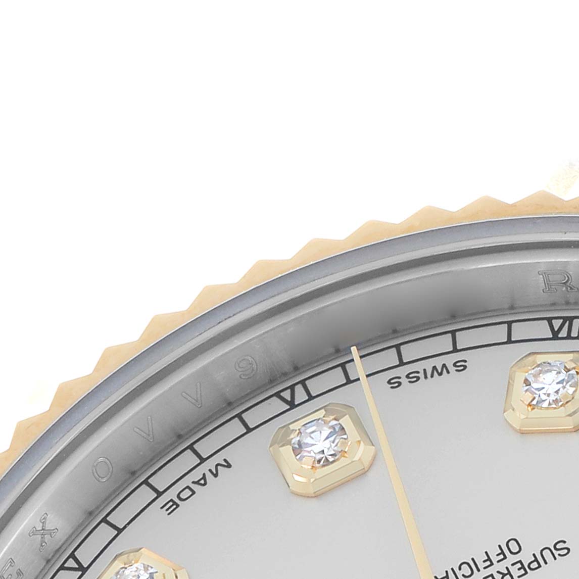 The image shows a close-up of the dial and bezel of a Rolex Datejust 41 116333 Men
s Steel and Gold (two tone) Silver Dial, highlighting the diamond hour markers and part of the minute hand.
