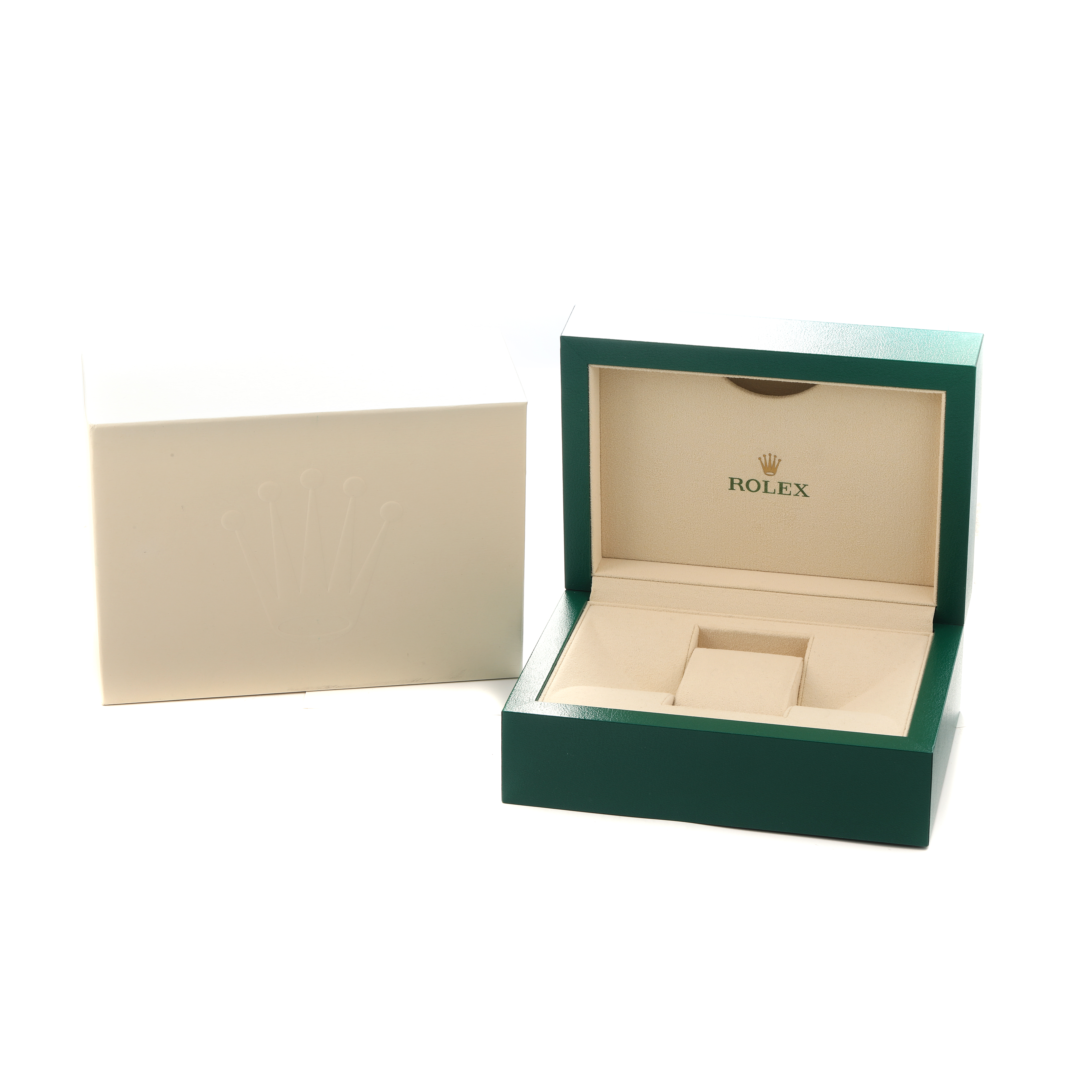 The image shows the open and closed boxes for a Rolex Datejust 41 116333 Men
s Steel and Gold (two tone) Silver Dial, with a focus on the interior and exterior packaging.