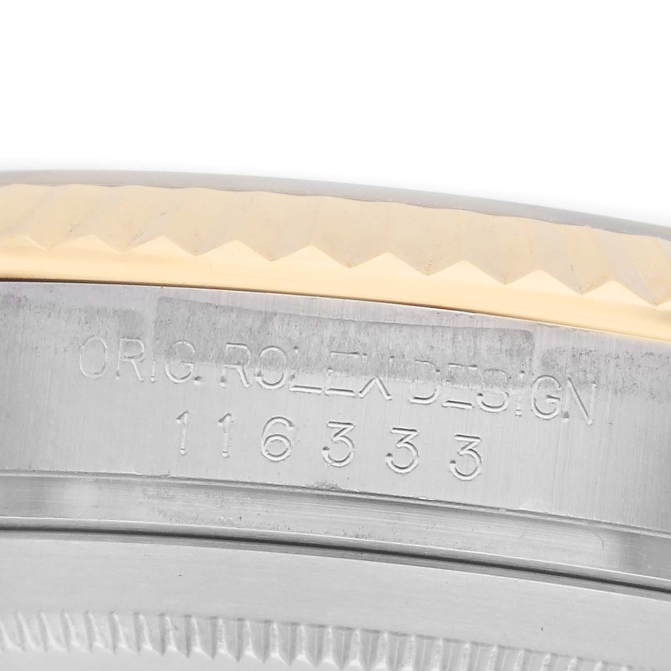 The image shows a close-up of the side of a Rolex Datejust 41 116333 Men
s Steel and Gold (two tone) Silver Dial, highlighting the engraved serial and model number on the case.
