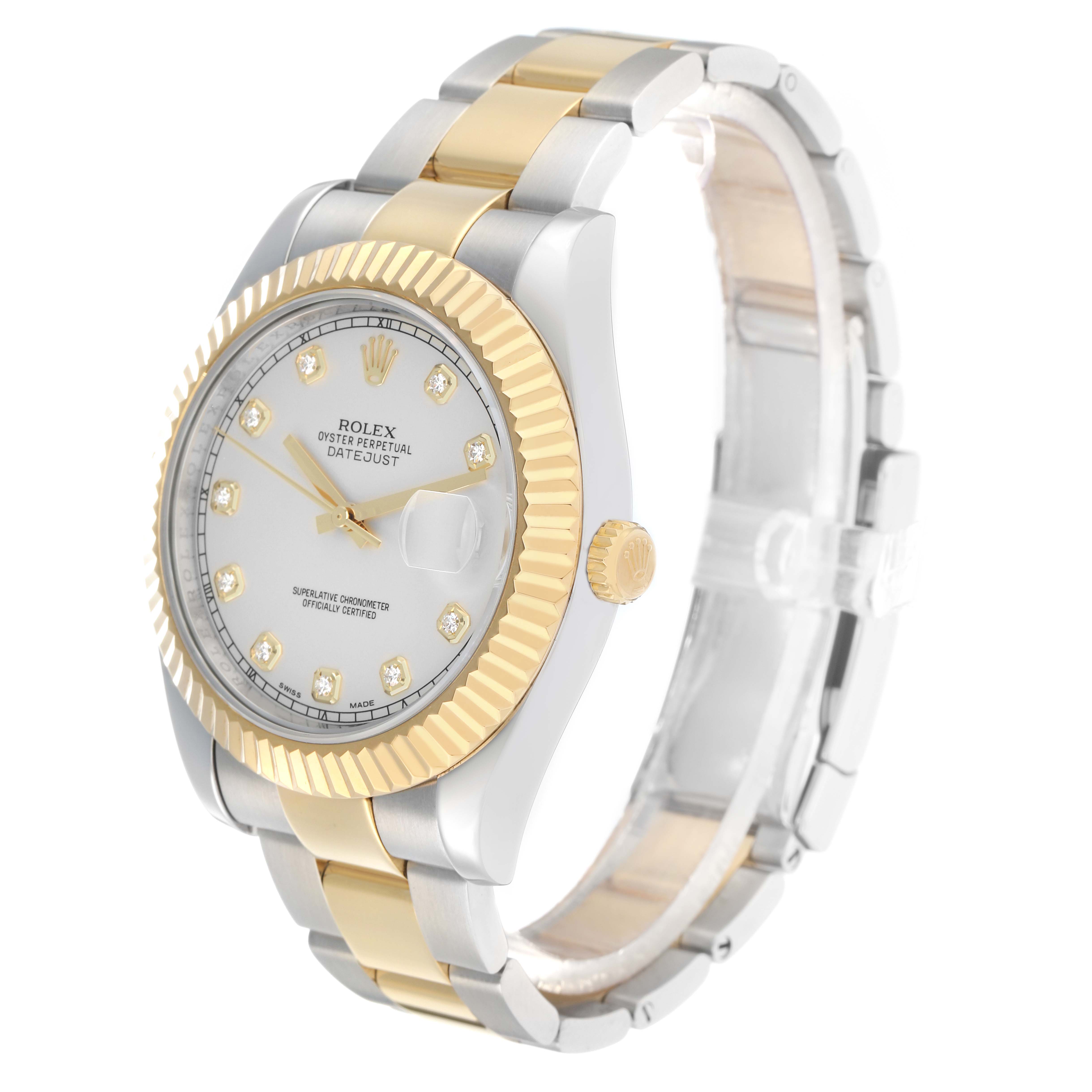 The Rolex Datejust 41 116333 Men
s Steel and Gold (two tone) Silver Dial watch is shown at a three-quarter angle, highlighting the dial, bezel, and part of the bracelet.