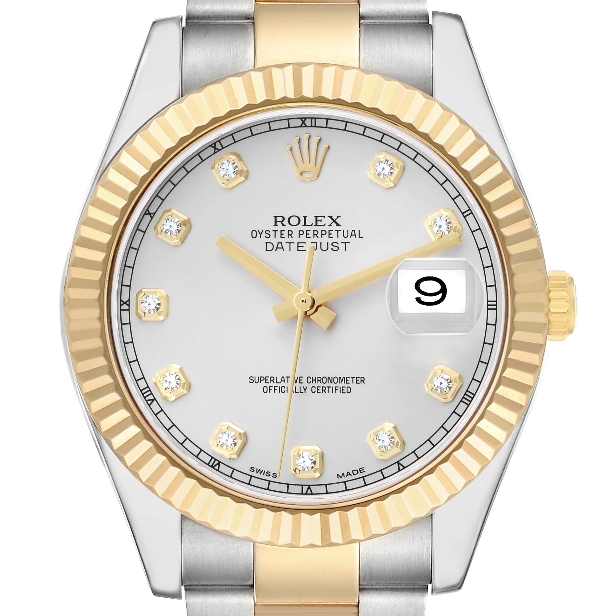 The Rolex Datejust 41 116333 Men
s Steel and Gold (two tone) Silver Dial watch is shown from a top-down angle, highlighting its dial, bezel, crown, and part of the bracelet.