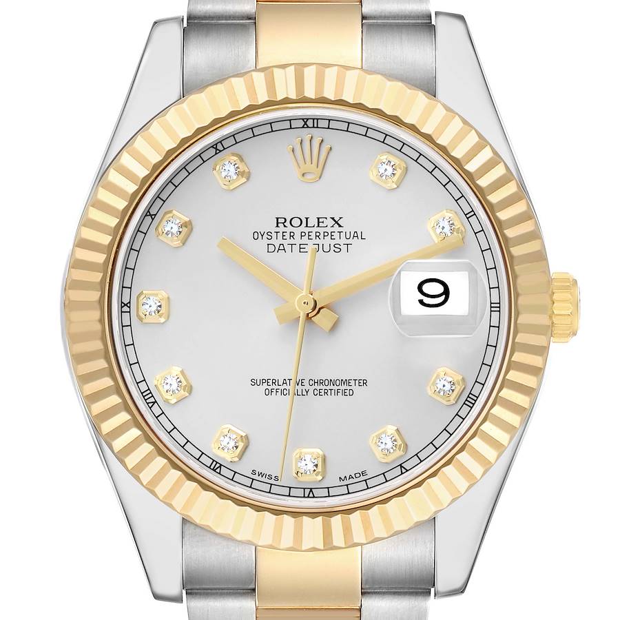 The Rolex Datejust 41 116333 Men's Steel and Gold (two tone) Silver Dial watch is shown from a top-down angle, highlighting its dial, bezel, crown, and part of the bracelet.