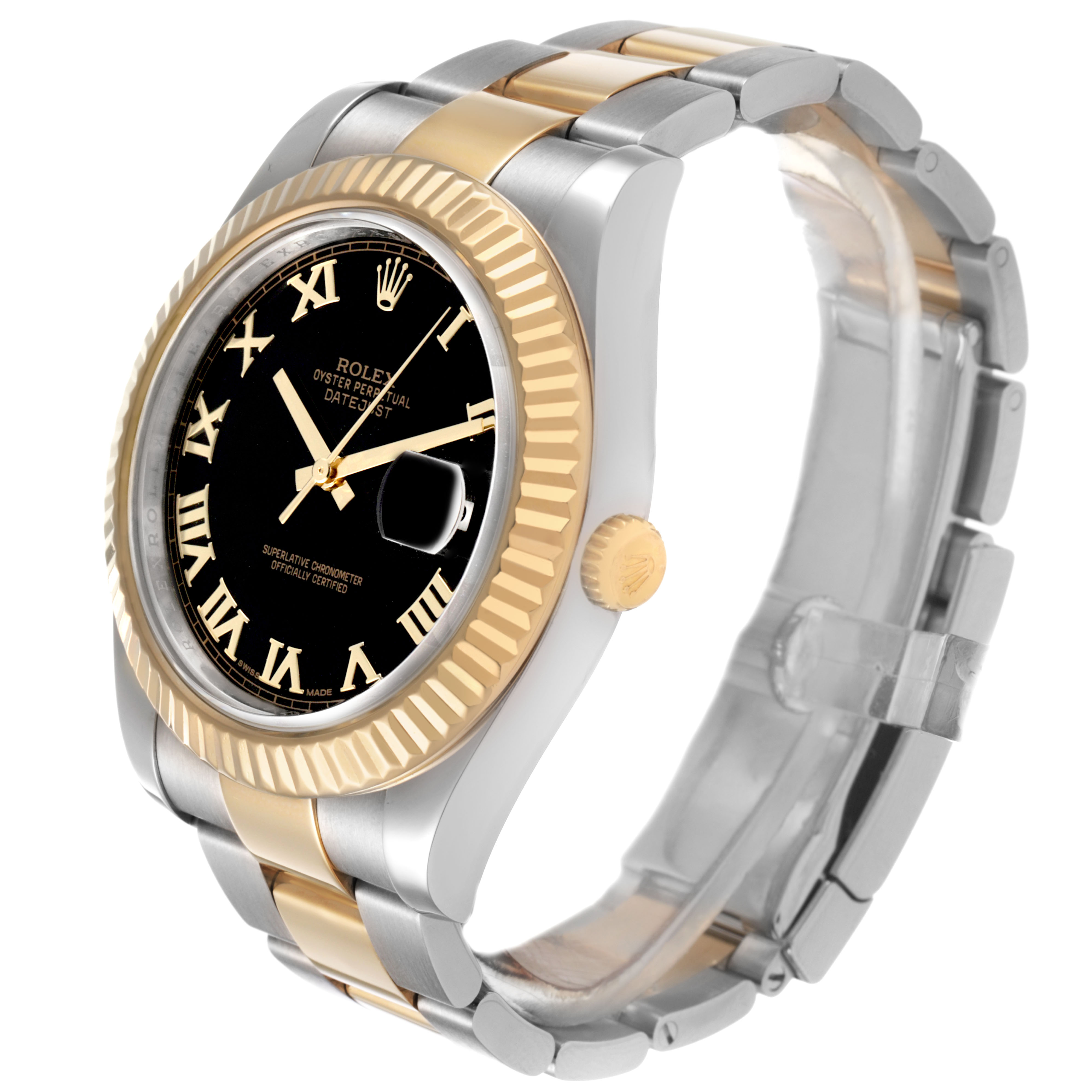 The Rolex Datejust 41 116333 Men's Steel and Gold (two tone) Black Dial is shown at a slight angle, highlighting its gold fluted bezel, black dial, and two-tone bracelet.