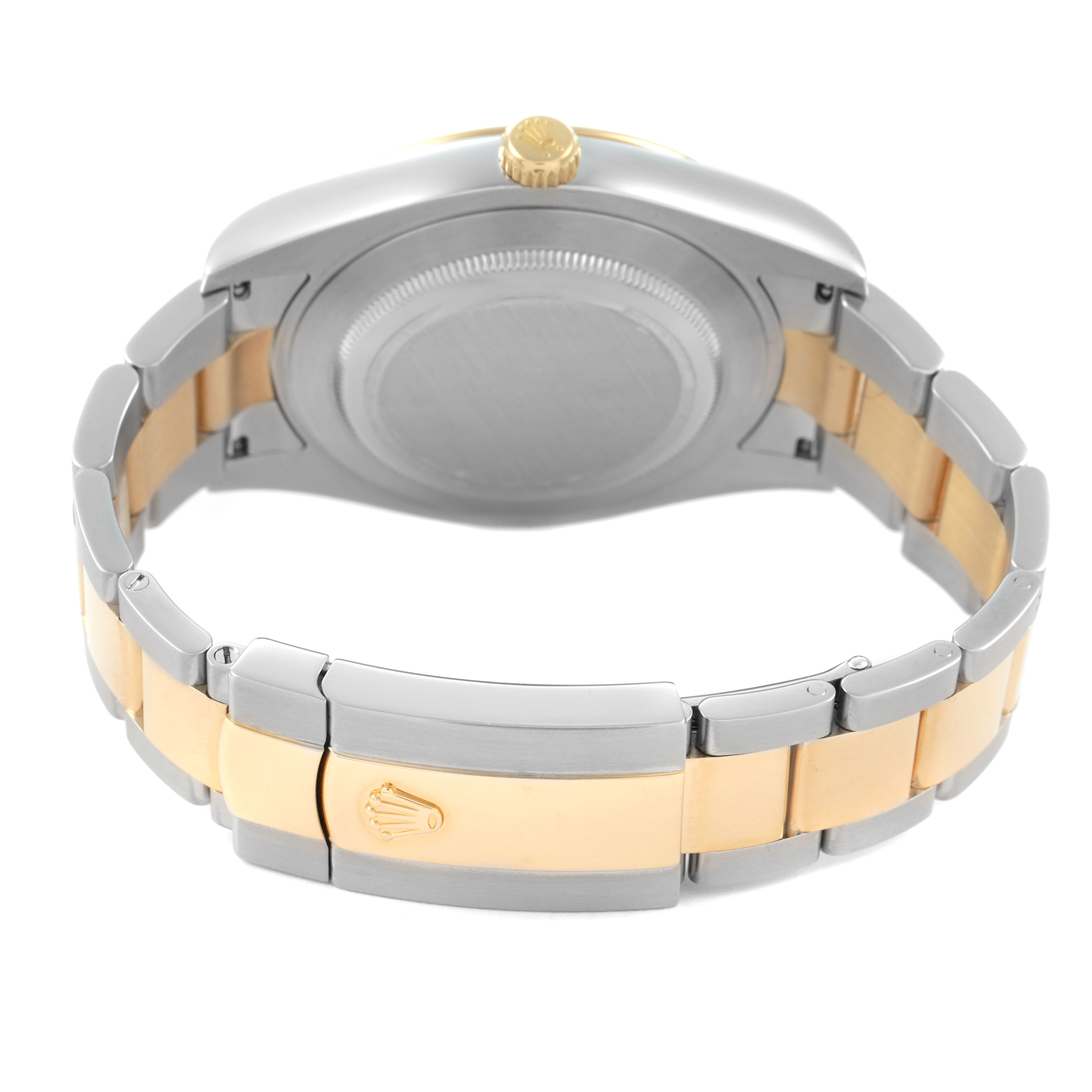 The image shows the back case and two-tone bracelet of the Rolex Datejust 41 116333 Men's Steel and Gold (two tone) Black Dial, with a visible crown and clasp.