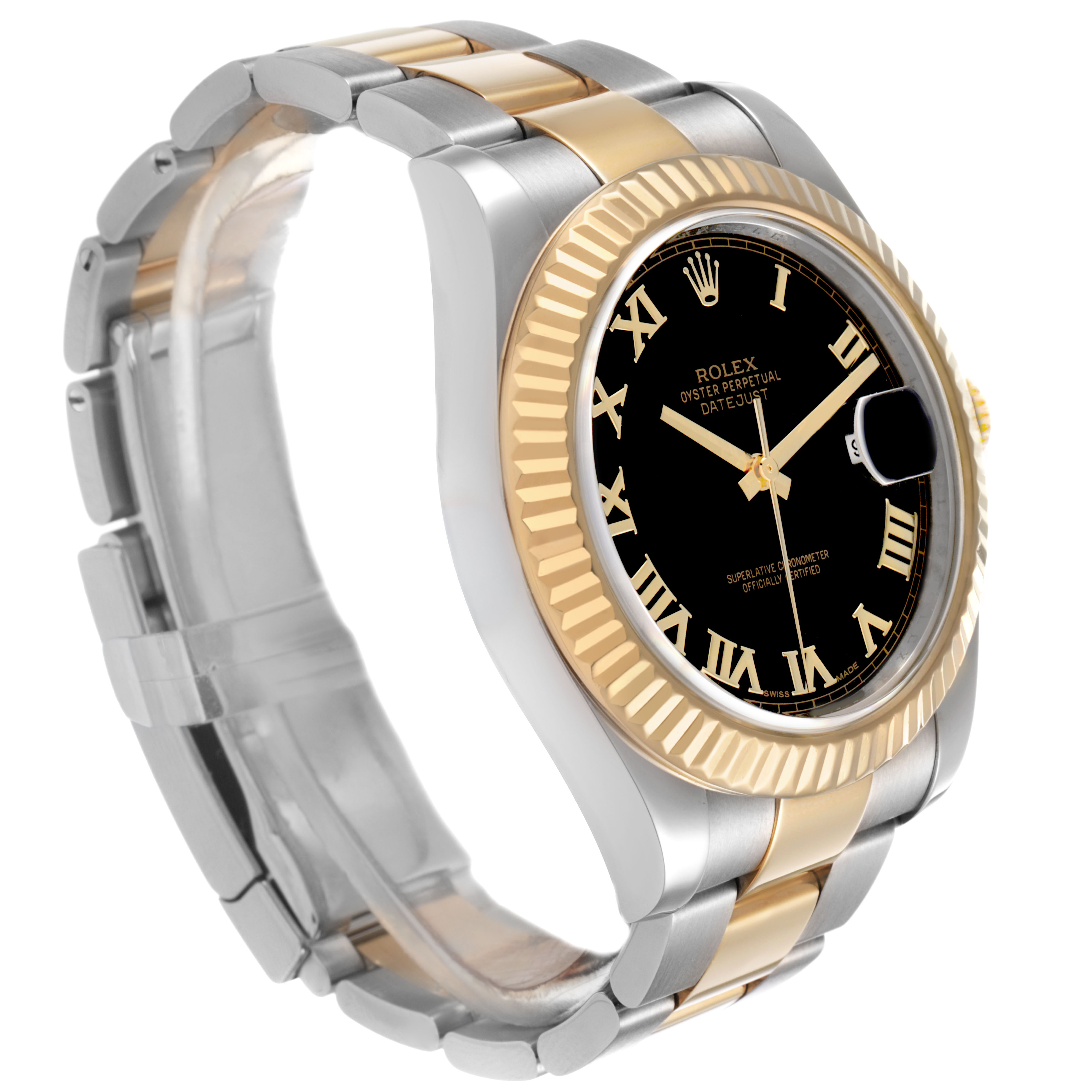 The Rolex Datejust 41 116333 Men's Steel and Gold (two tone) Black Dial is shown at a slight angle, displaying the case, bezel, dial, and bracelet.