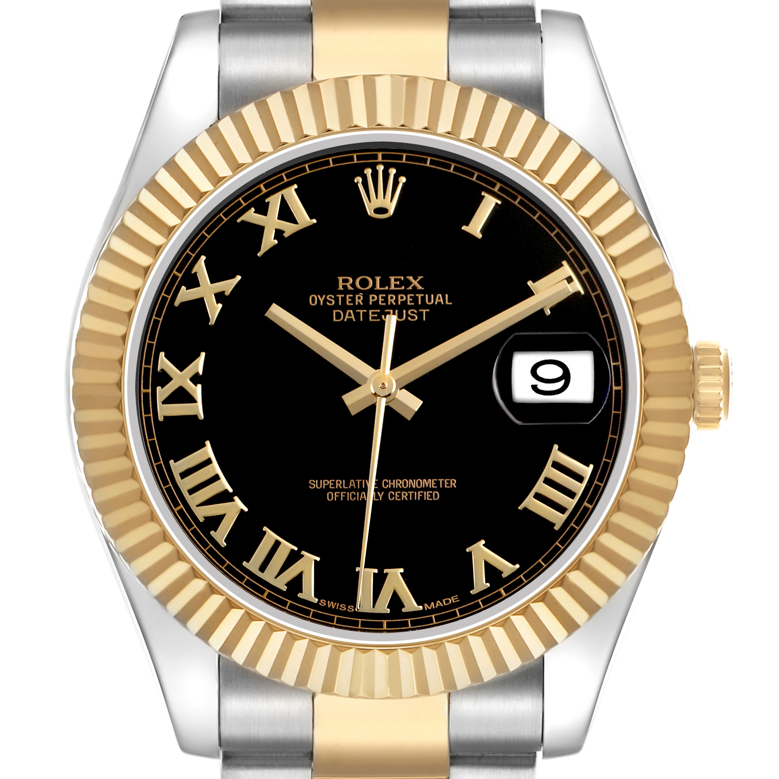 The Rolex Datejust 41 116333 Men's Steel and Gold (two tone) Black Dial watch is shown front-facing, highlighting its black dial, gold Roman numerals, fluted bezel, and date window.