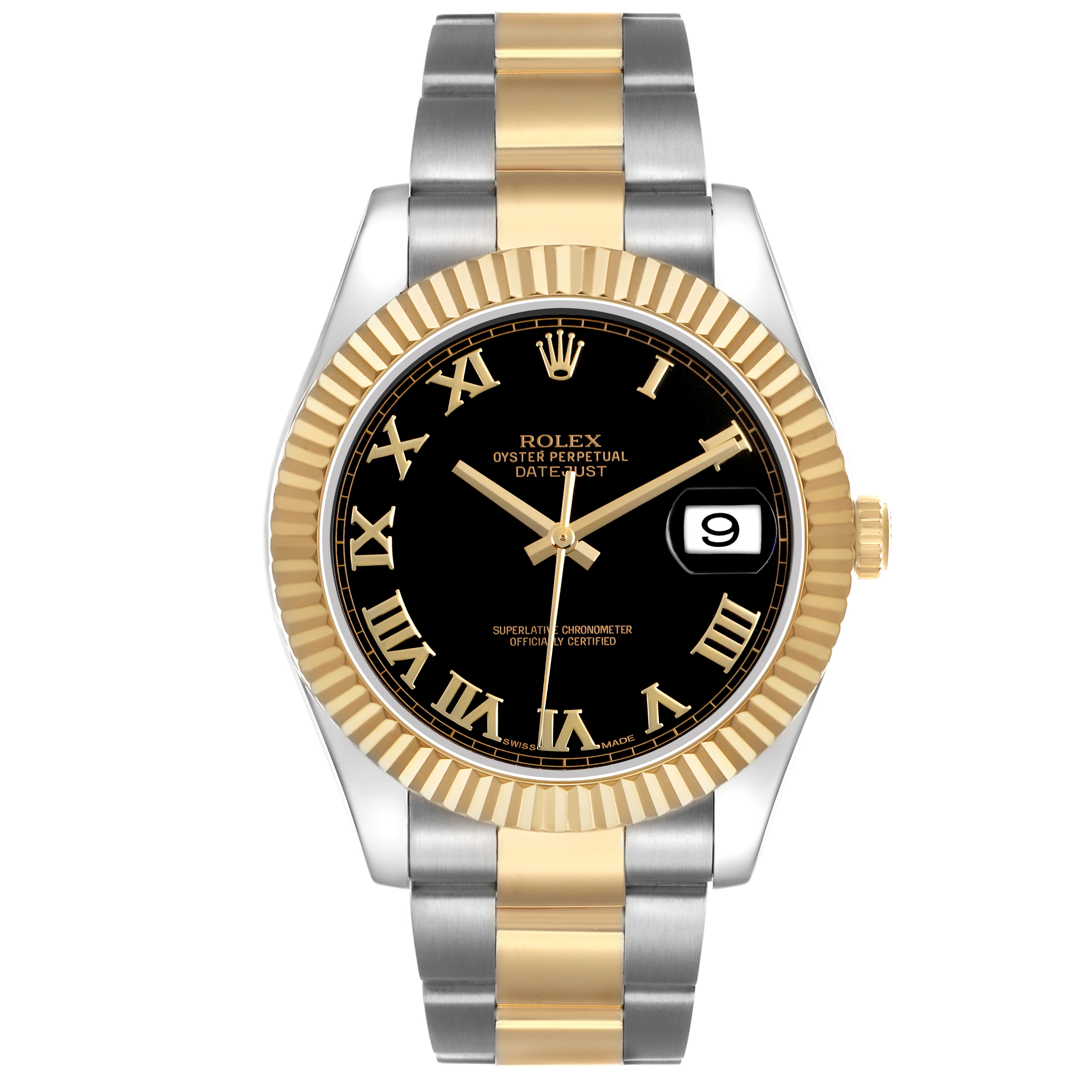 The Rolex Datejust 41 116333 Men's Steel and Gold (two tone) Black Dial is shown from the front, highlighting the two-tone bezel, black dial, and Roman numeral markers.