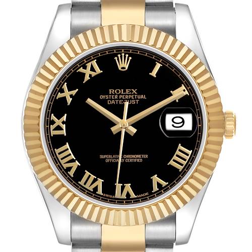 The Rolex Datejust 41 116333 Men's Steel and Gold (two tone) Black Dial model is shown from the front, highlighting its black dial, gold markers, fluted bezel, and two-tone bracelet.