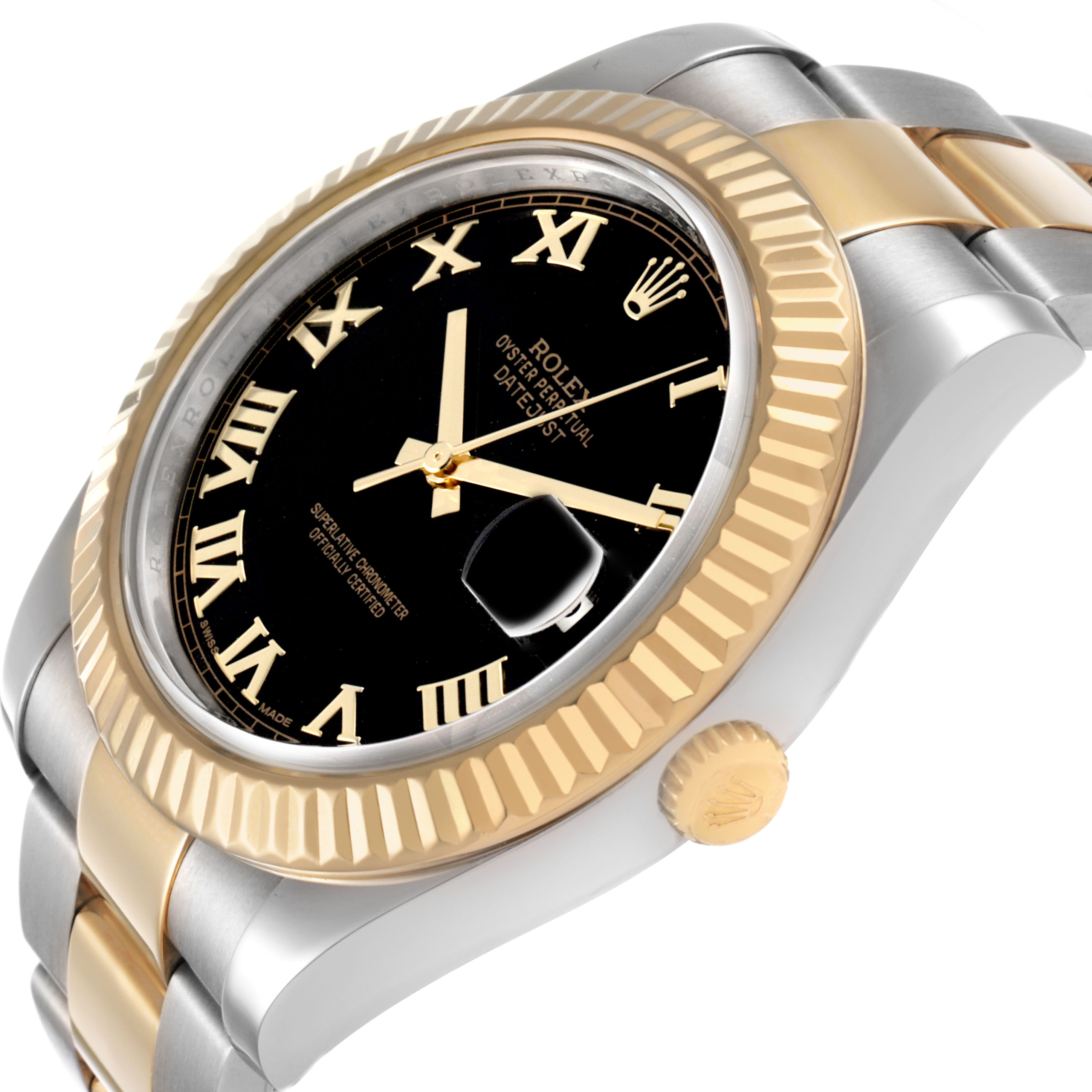 The Rolex Datejust 41 116333 Men's Steel and Gold (two tone) Black Dial is shown at an oblique angle, highlighting the gold fluted bezel, black dial, Roman numerals, and two-tone bracelet.