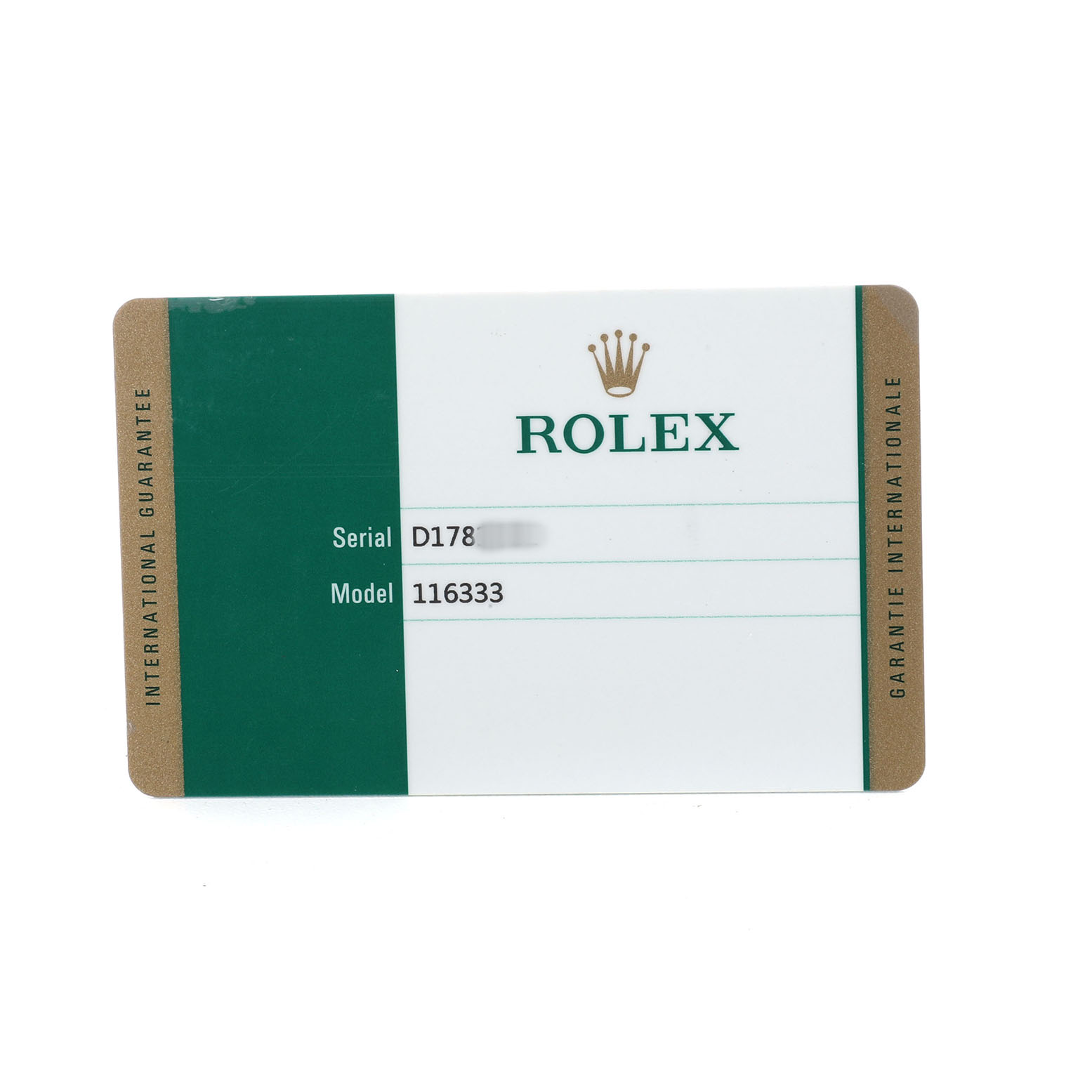 This image shows the warranty card for a Rolex Datejust 41 116333 Men's Steel and Gold (two tone) Black Dial model, highlighting the brand and model details.
