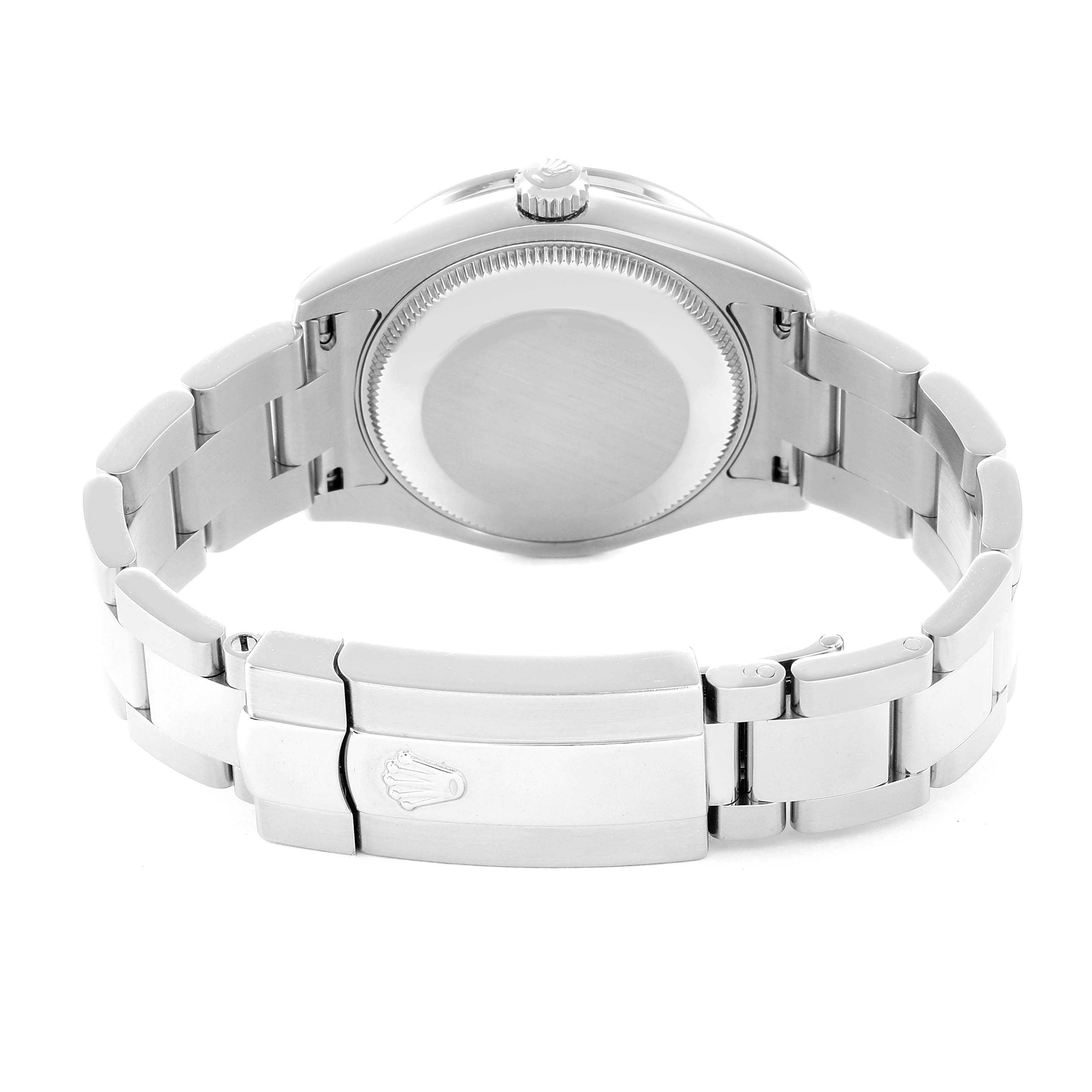 The Rolex Mid-Size 178384 Women
s Stainless Steel Brown Dial watch is shown from the back, highlighting the case back and bracelet clasp.