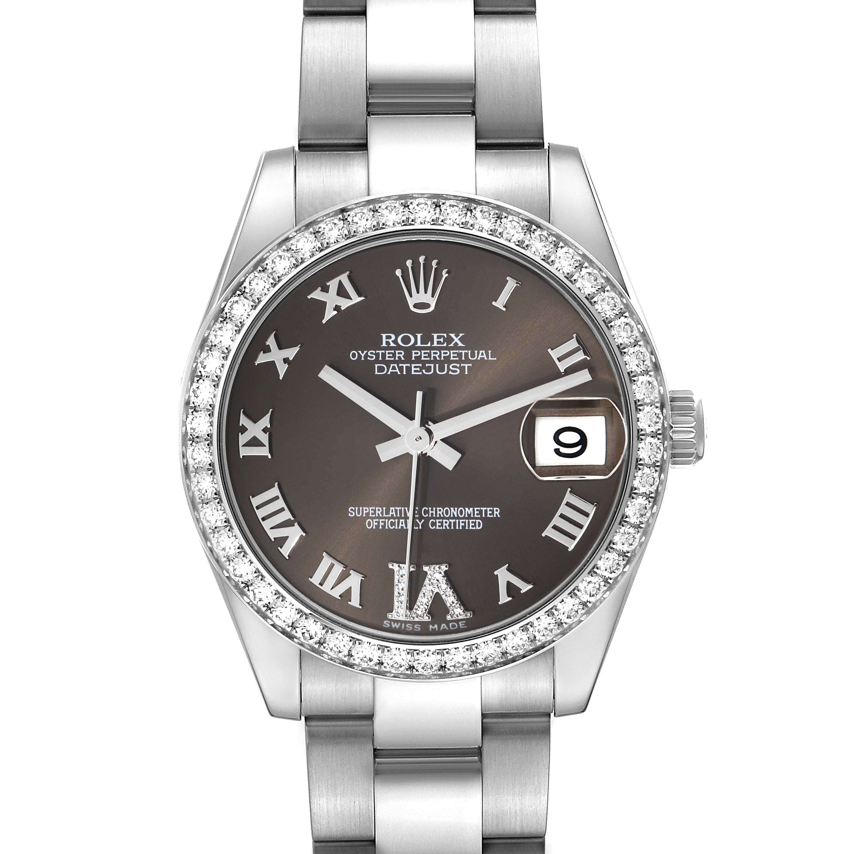 The Rolex Mid-Size 178384 Women
s Stainless Steel Brown Dial Datejust watch is shown from a front angle, displaying the face, bezel, and part of the bracelet.