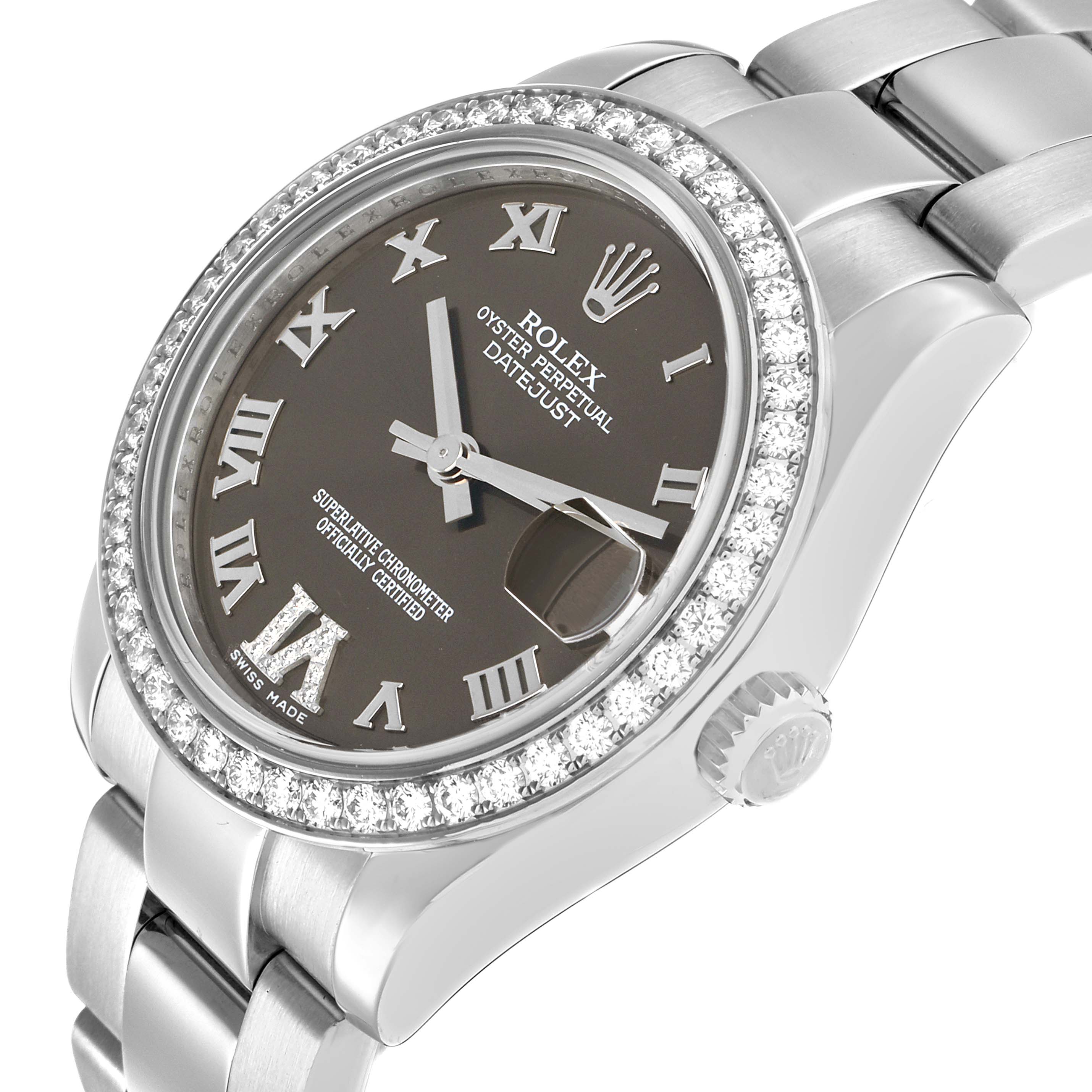 The Rolex Mid-Size 178384 Women
s Stainless Steel Brown Dial watch is shown at a slight angle, displaying the dial, diamond bezel, crown, and part of the bracelet.